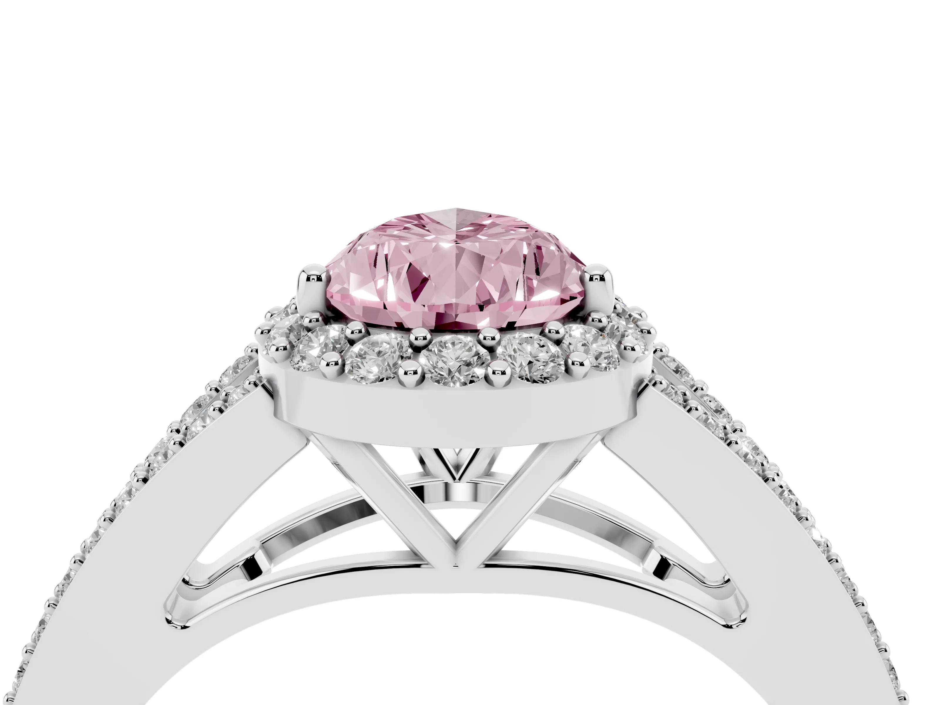 Fancy Pink Pear Cut Diamond Halo Split Shank Pavé Ring Set in Platinum with Prong Setting