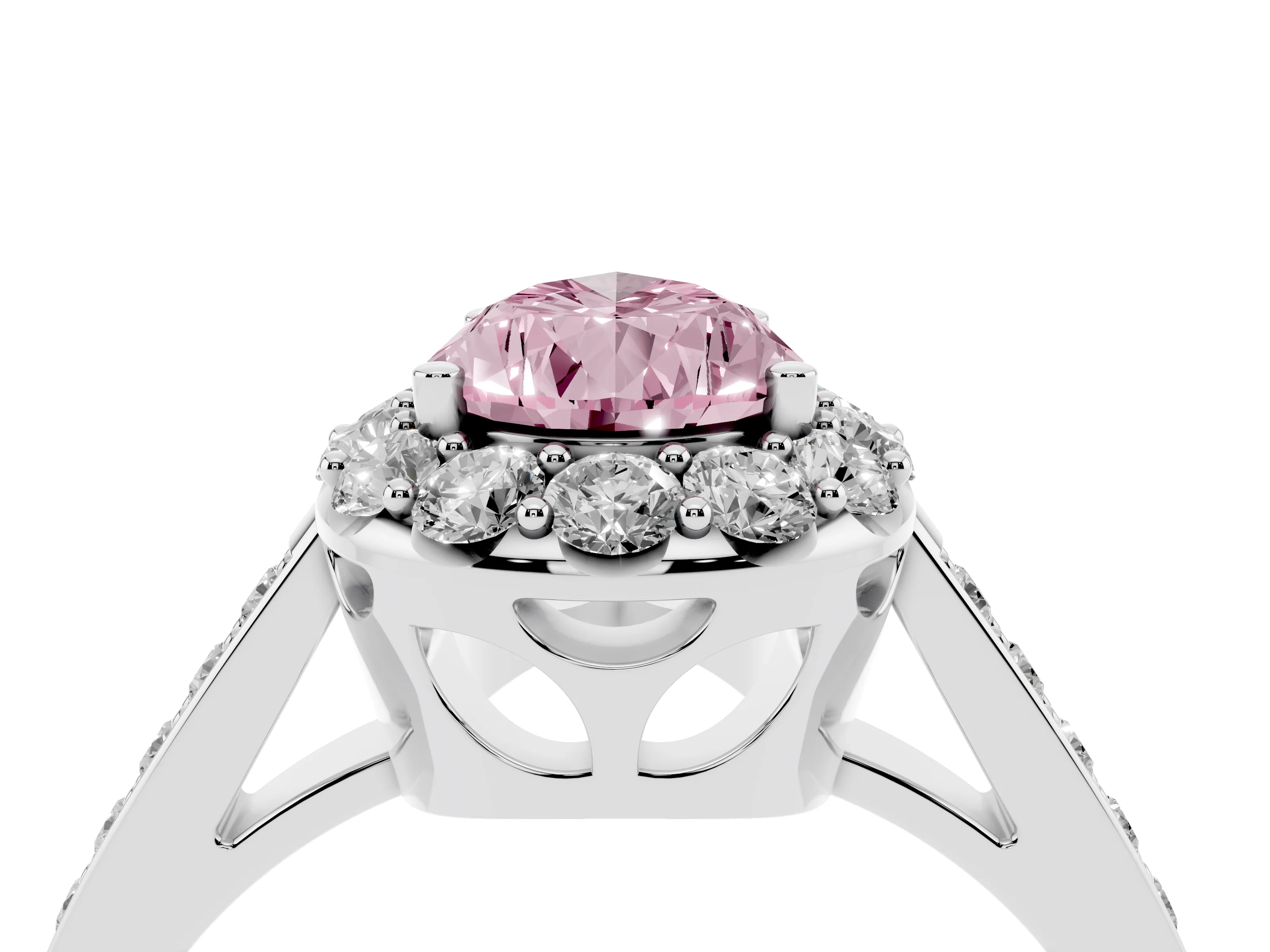Fancy Pink Pear Cut Diamond Floral Halo Ring Set in Platinum with Pavé Band and Prong Setting