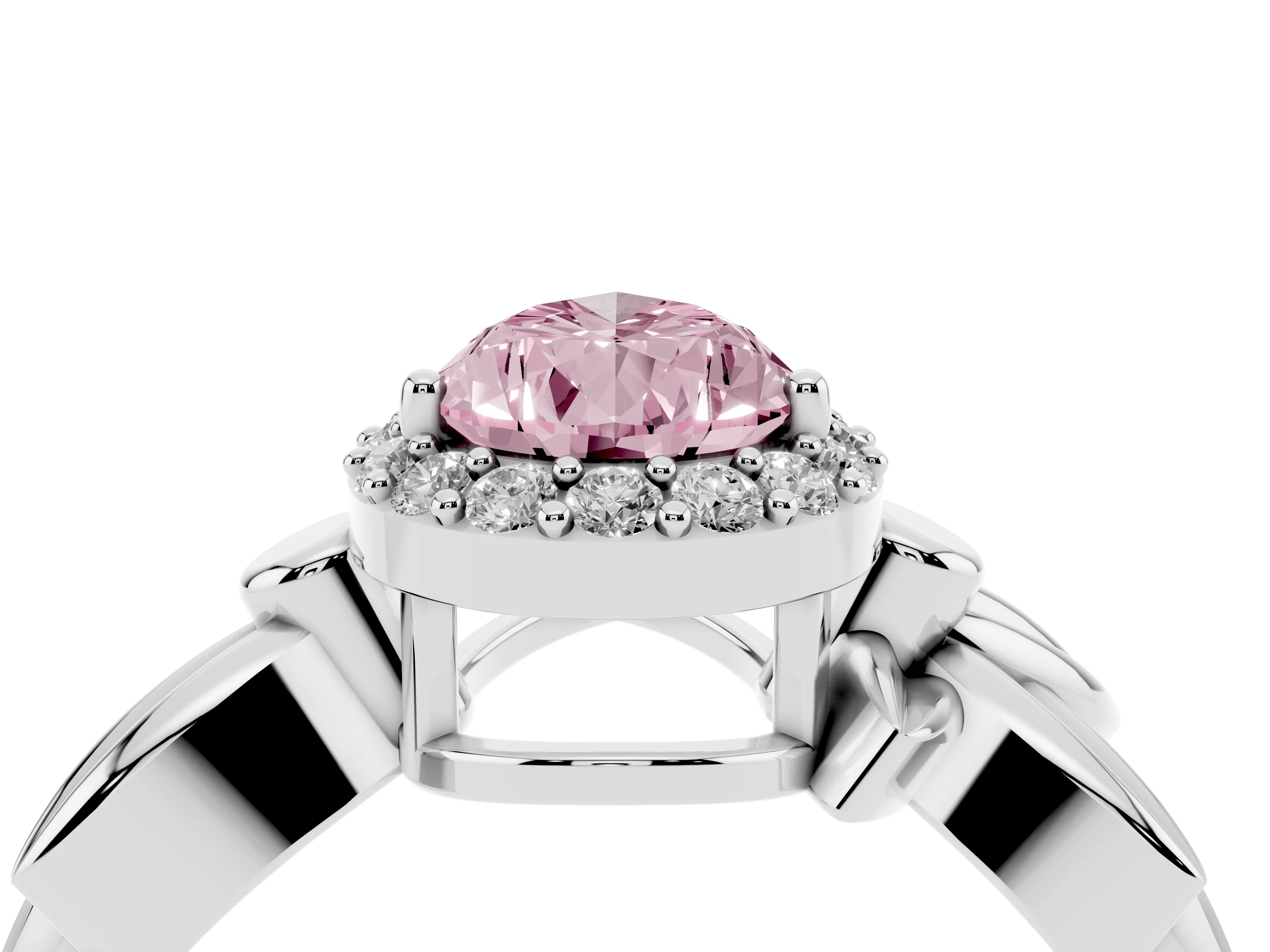 Fancy Pink Pear Cut Diamond Halo Floral Band Ring Set in Platinum with Prong Setting