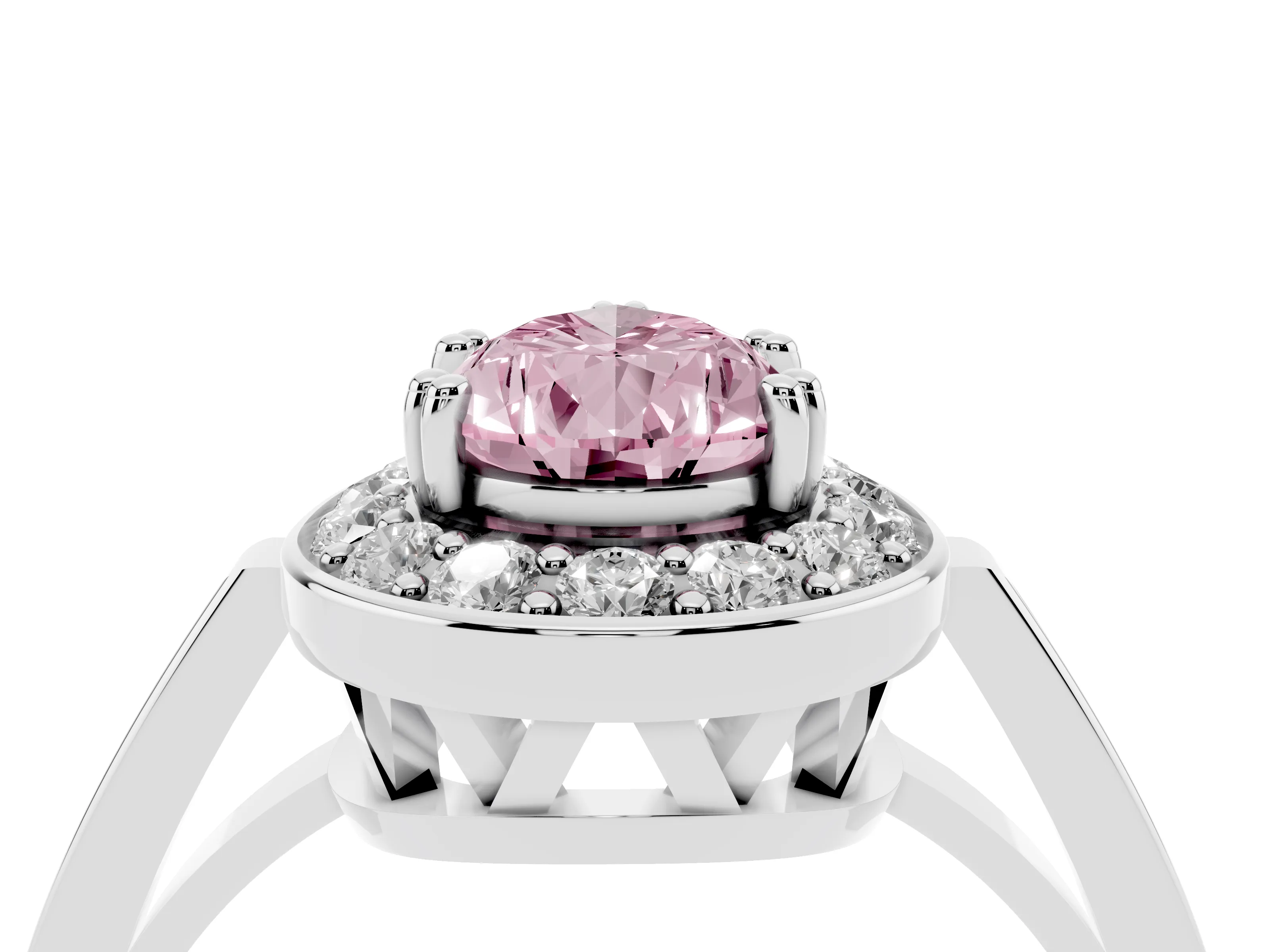 Fancy Pink Pear Cut Diamond Halo Ring Set in Platinum with Accent-Lined Split Shank and Prong Setting