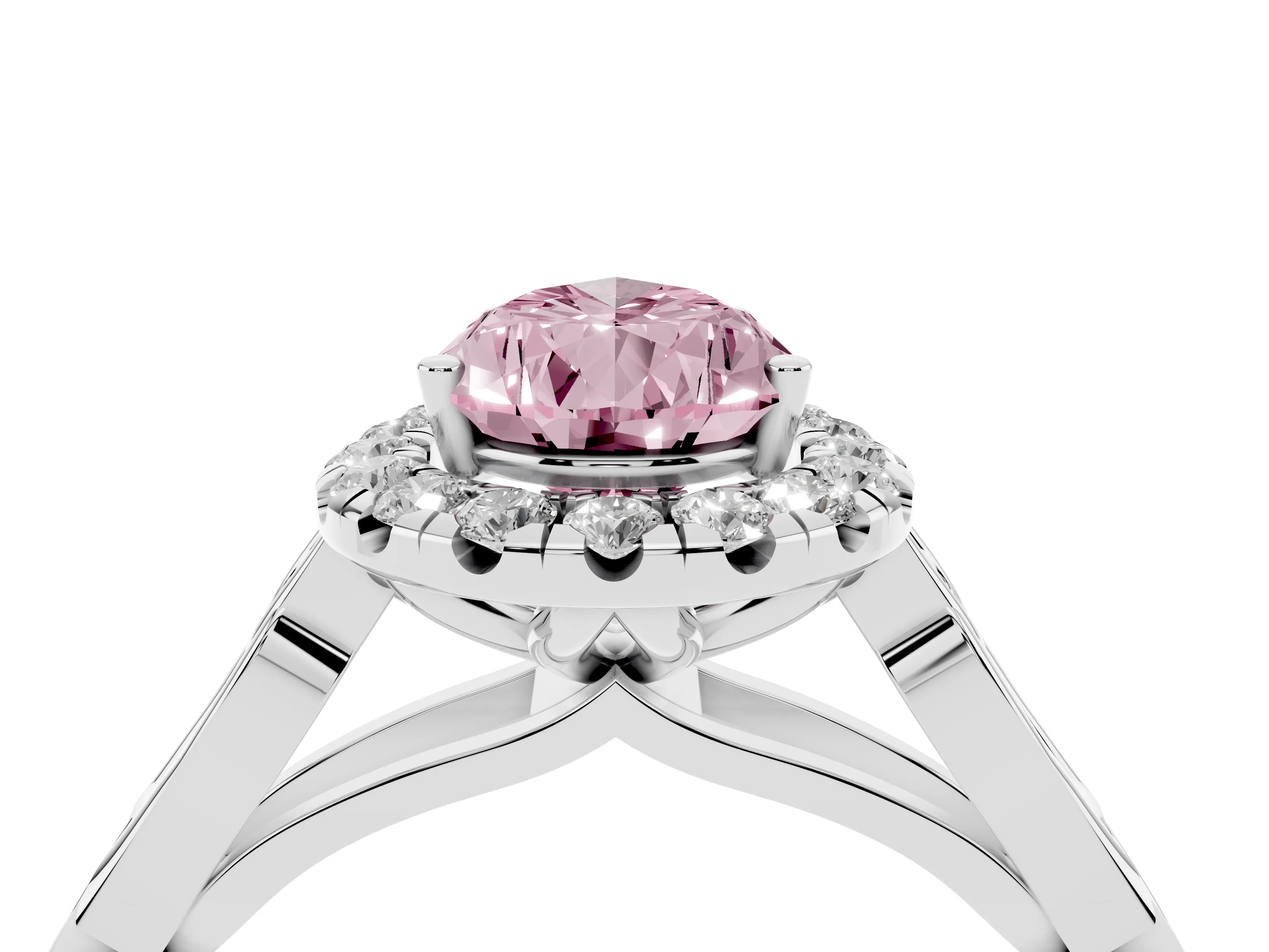 Fancy Pink Pear Cut Diamond Halo Engagement Ring Set in Platinum with Filigree Band and Prong-Set Center