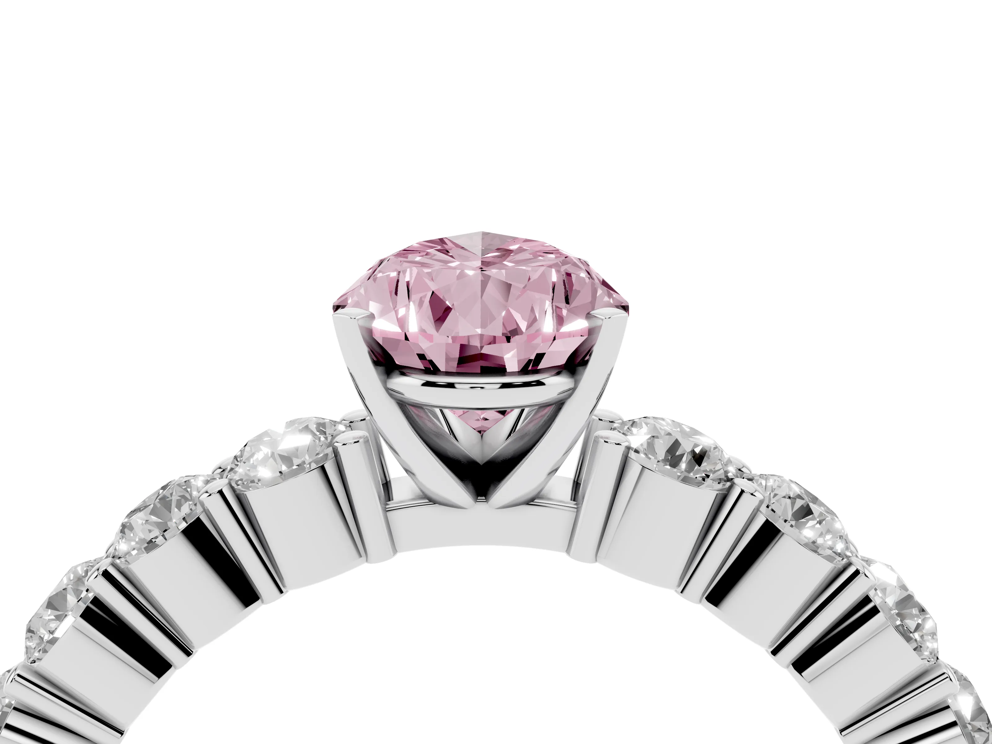 Fancy Pink Pear Cut Diamond Solitaire Ring Set in Silver with Shared Prong Round Side Stones