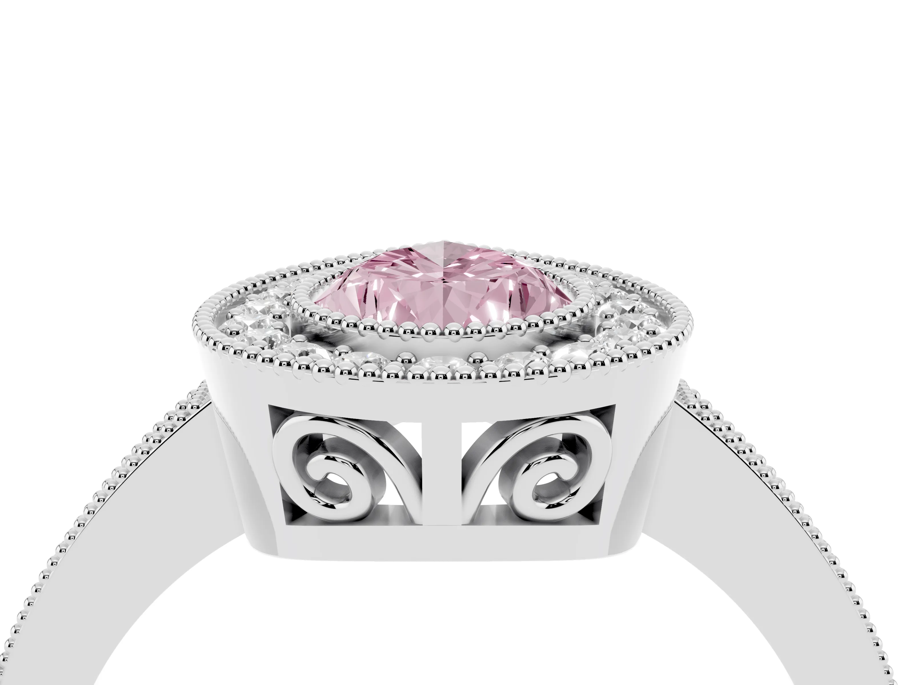 Fancy Pink Pear Cut Diamond Round Halo Ring Set in White gold with Pavé Band