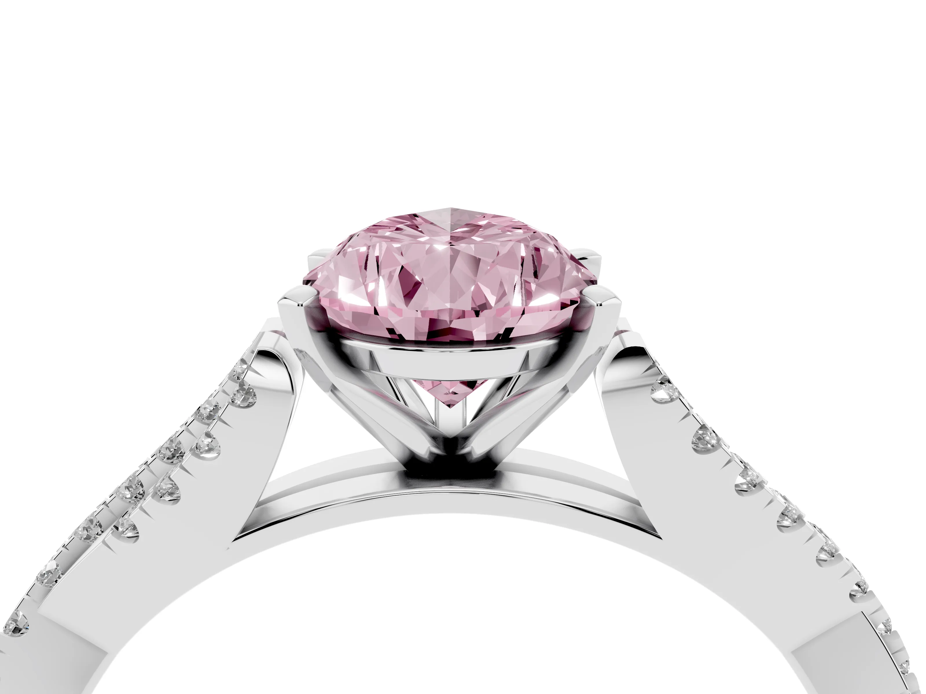 Fancy Pink Pear Cut Diamond Solitaire Engagement Ring Set in White gold with Twisted Pavé Band and Prong Setting
