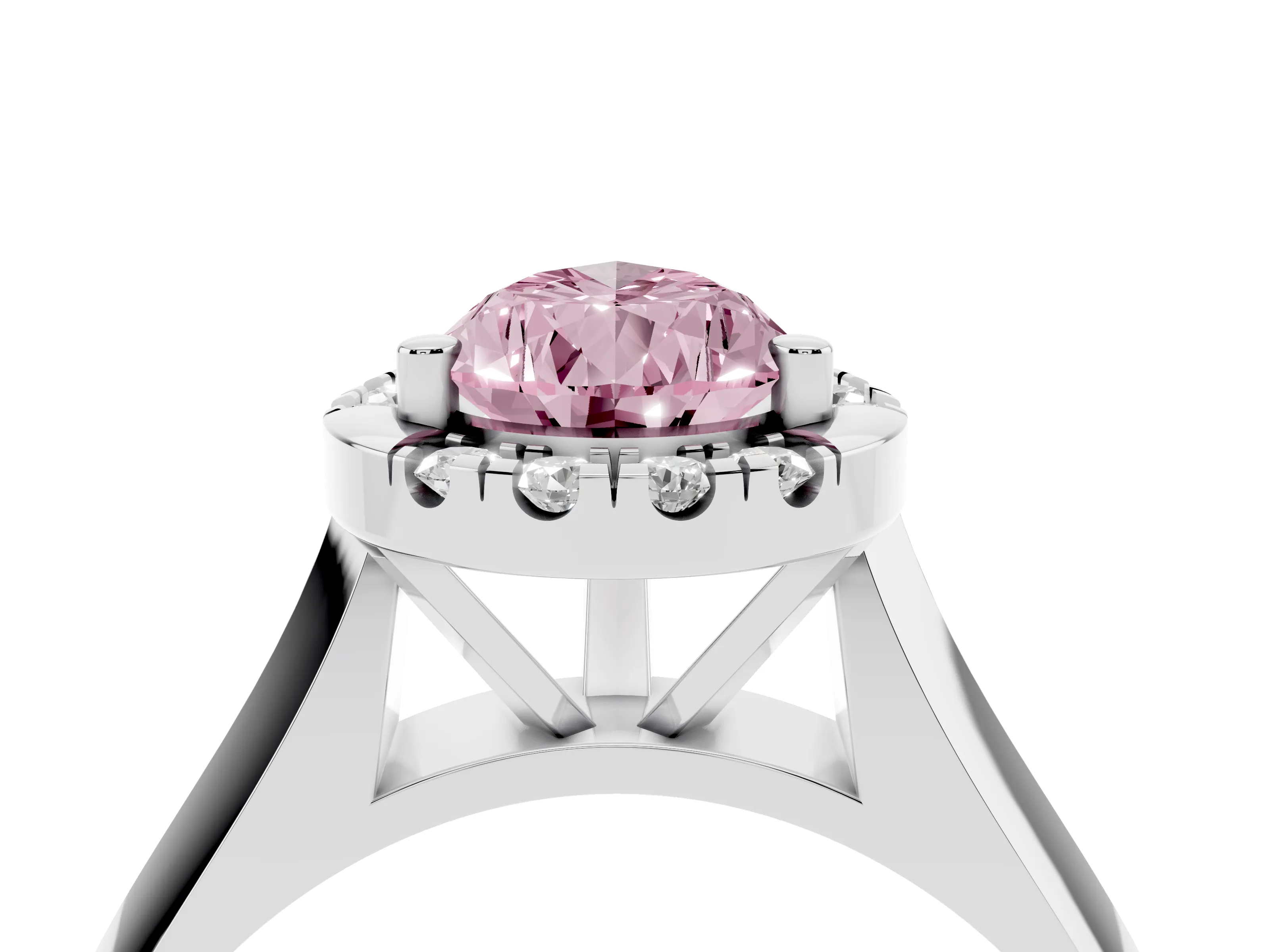 Fancy Pink Pear Cut Diamond Halo Solitaire Engagement Ring Set in Platinum with Square Band and Prong Setting