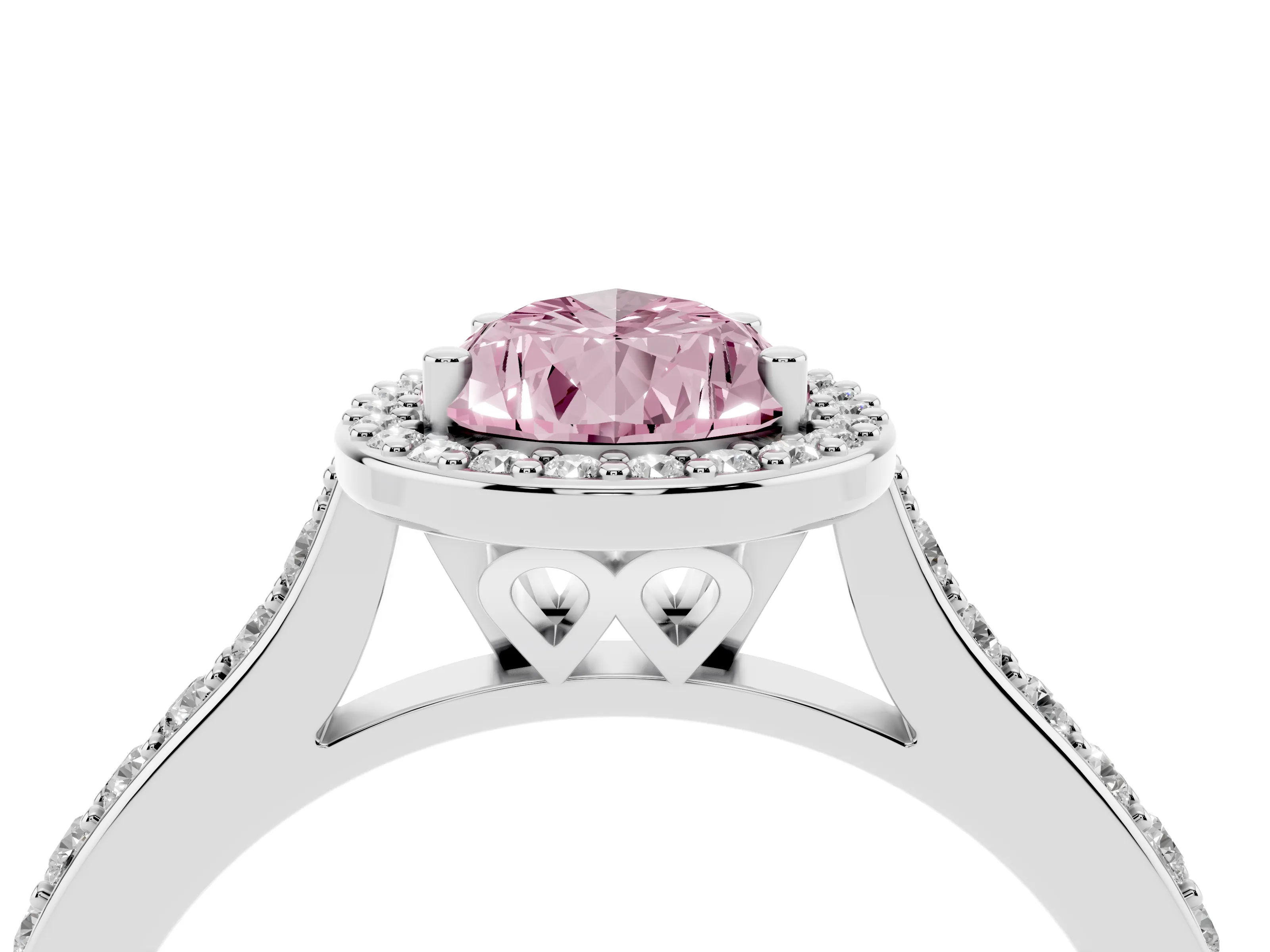 Fancy Pink Pear Cut Diamond Halo Engagement Ring Set in White gold with Round Pavé Shoulders and Heart Gallery