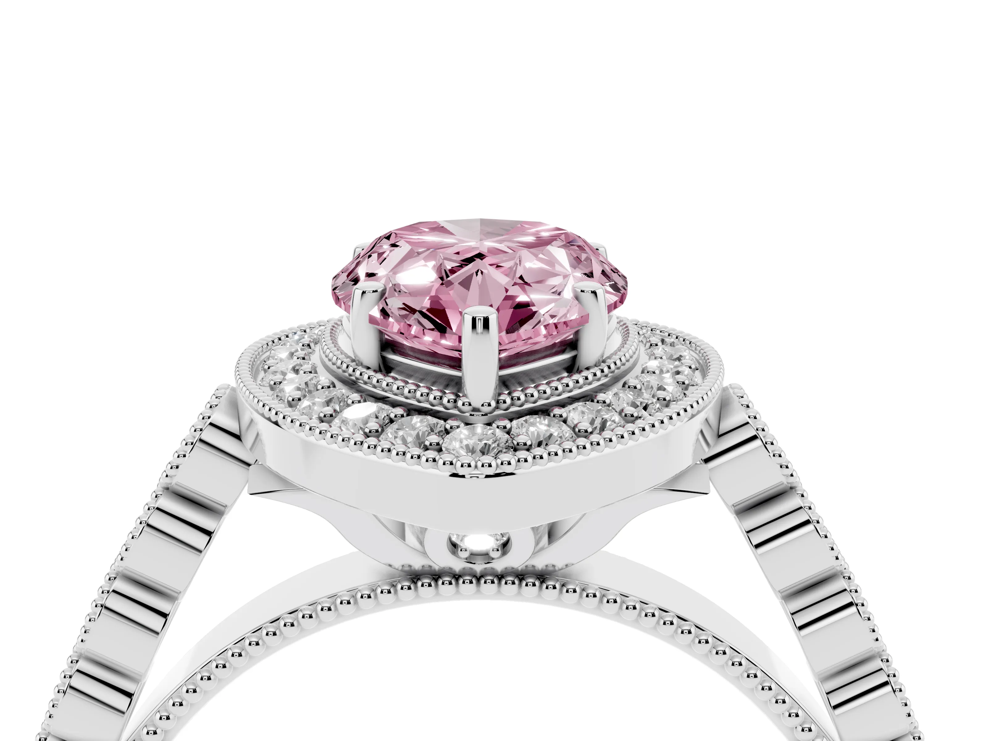 Fancy Pink Pear Cut Diamond Milgrain Halo Solitaire Ring Set in Platinum with Bezel Set Side Stones and Pavé Band