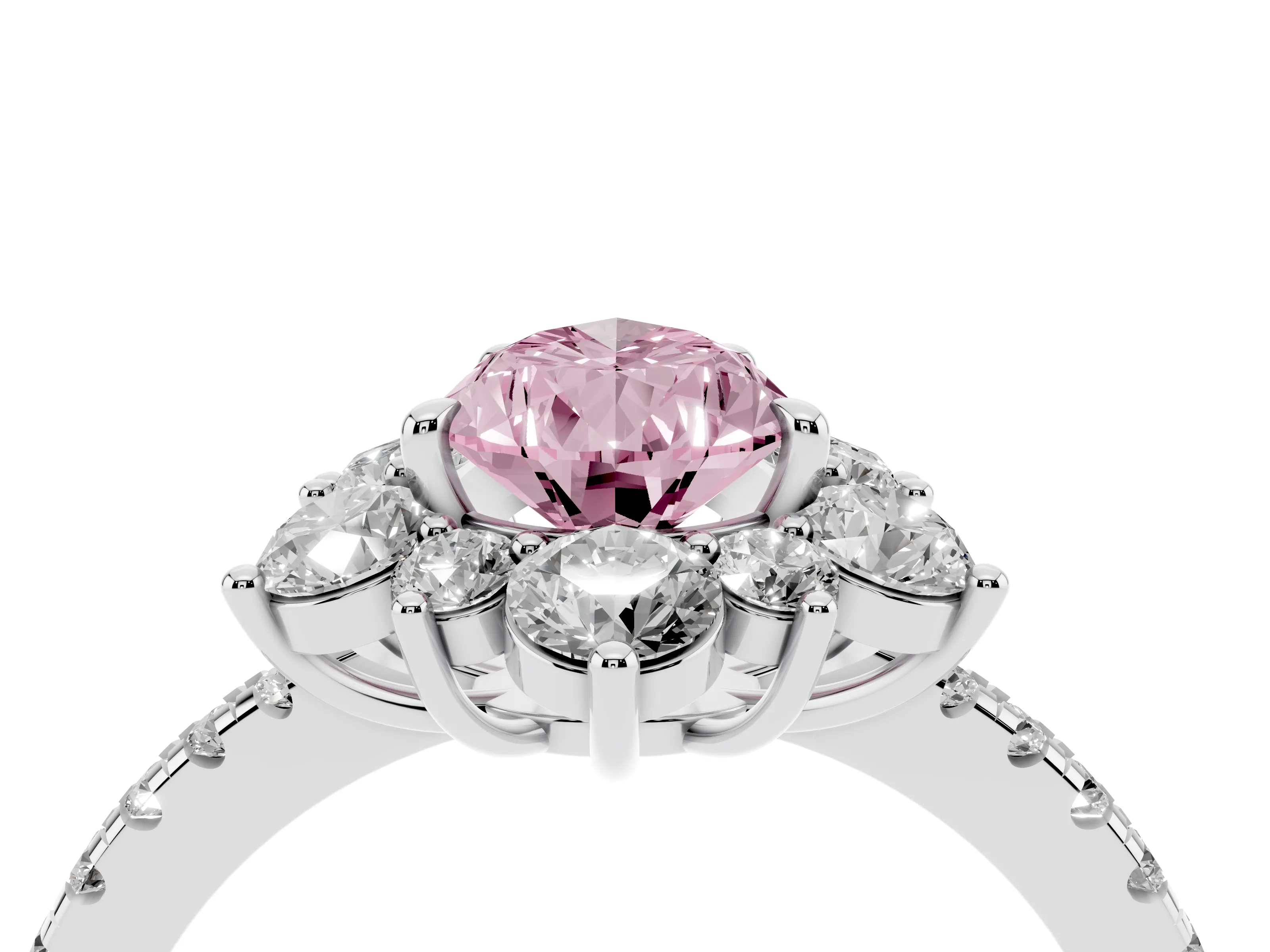 Fancy Pink Pear Cut Diamond Floral Halo Ring Set in White gold with Round Pavé Band and Prong Setting