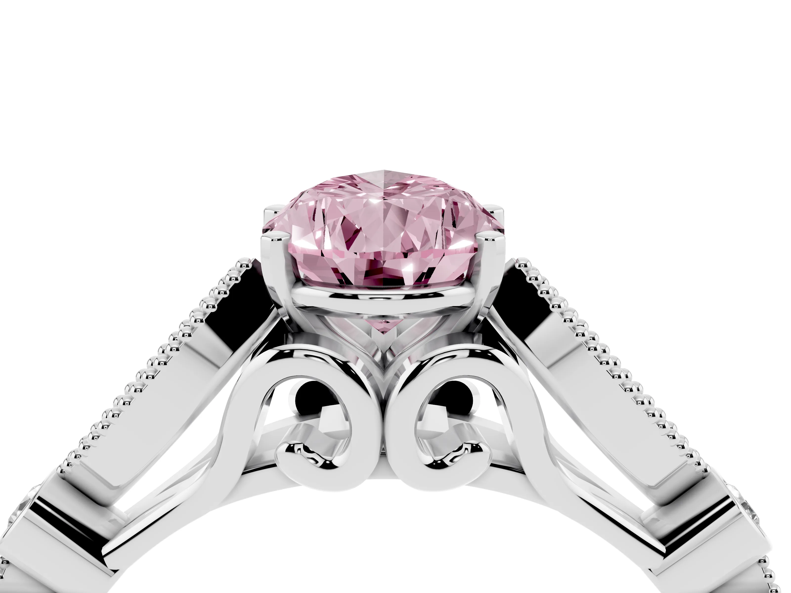 Fancy Pink Pear Cut Diamond Solitaire Ring Set in White gold with Milgrain Marquise and Bezel Accents