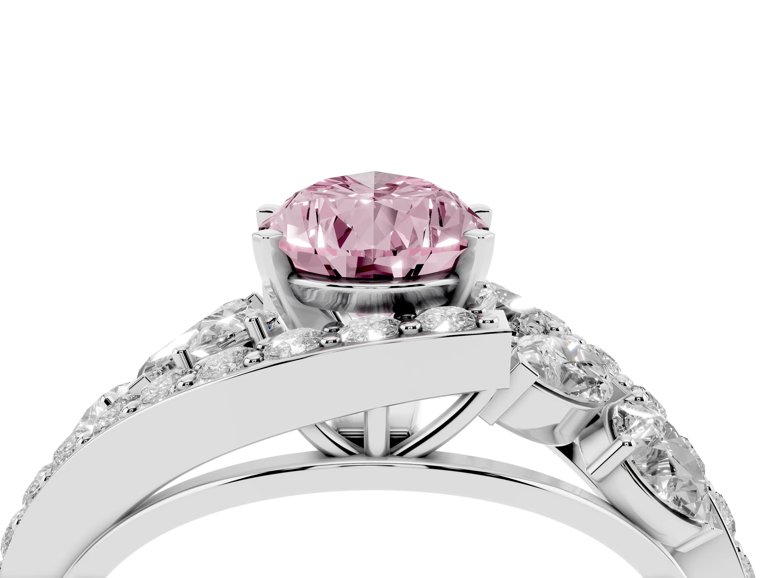 Fancy Pink Pear Cut Diamond Halo Ring Set in Platinum with Marquise and Pavé Band in Prong Setting