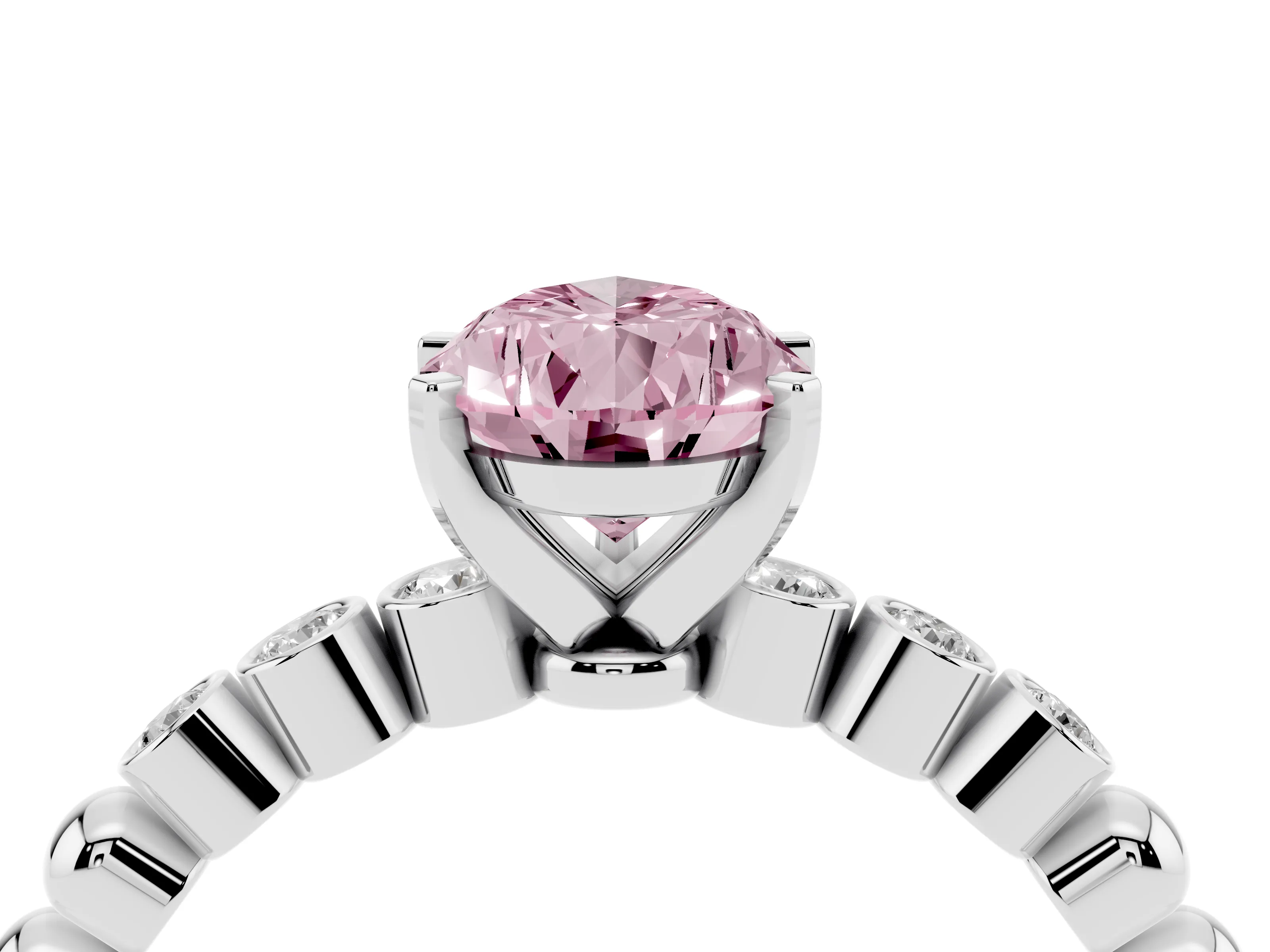 Fancy Pink Pear Cut Diamond Solitaire Engagement Ring Set in Silver with Bezel Accents on Beaded Band