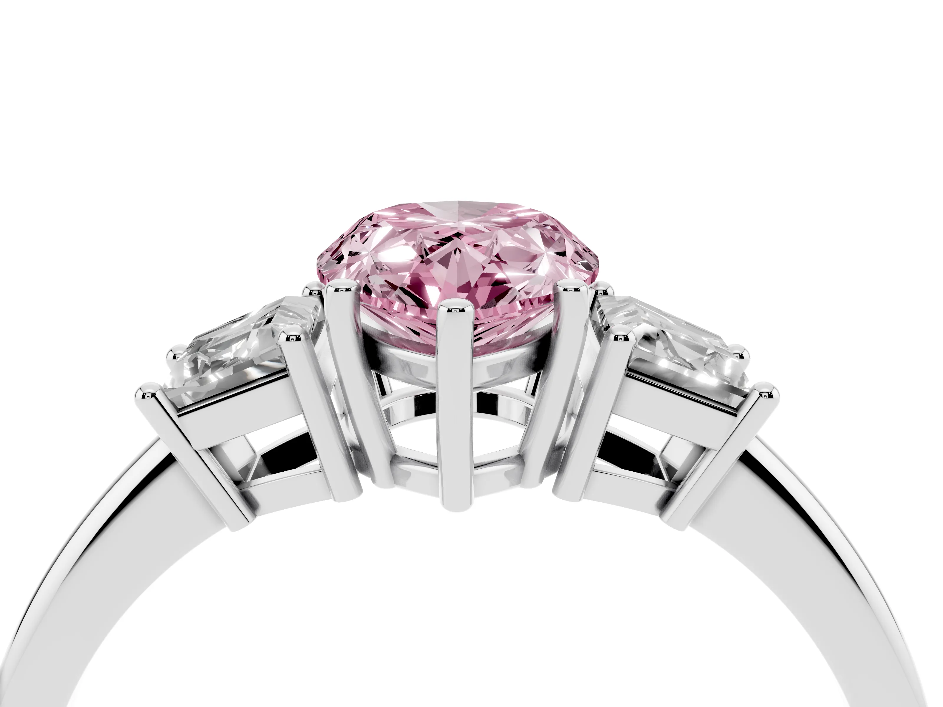 Fancy Pink Pear Cut Diamond Three-Stone Ring Set in White gold with Trapezoid Side Stones and Prong Setting
