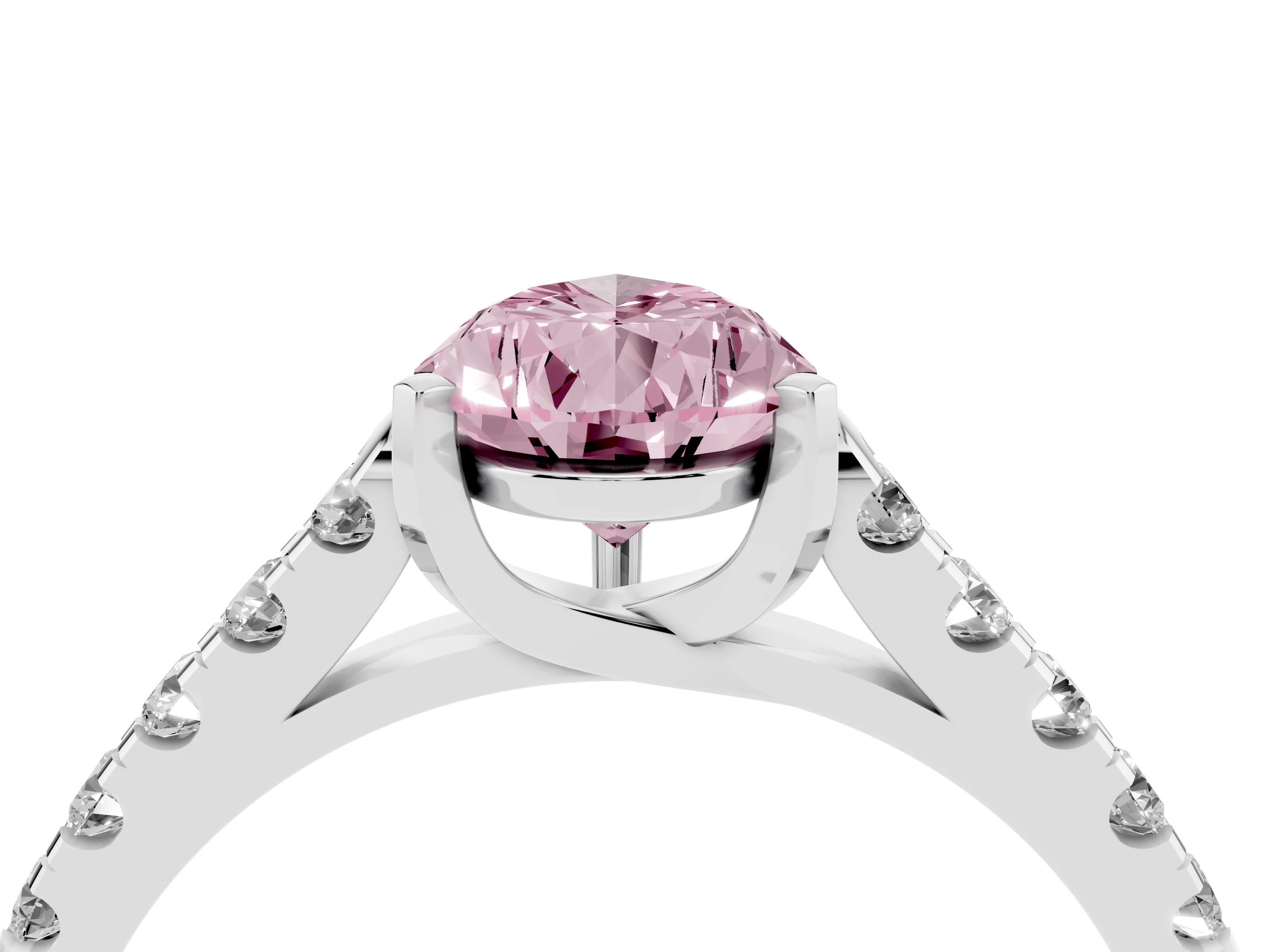 Fancy Pink Pear Cut Diamond Pavé Band Solitaire Ring Set in White gold with Partway Accent Stones and Prong Setting