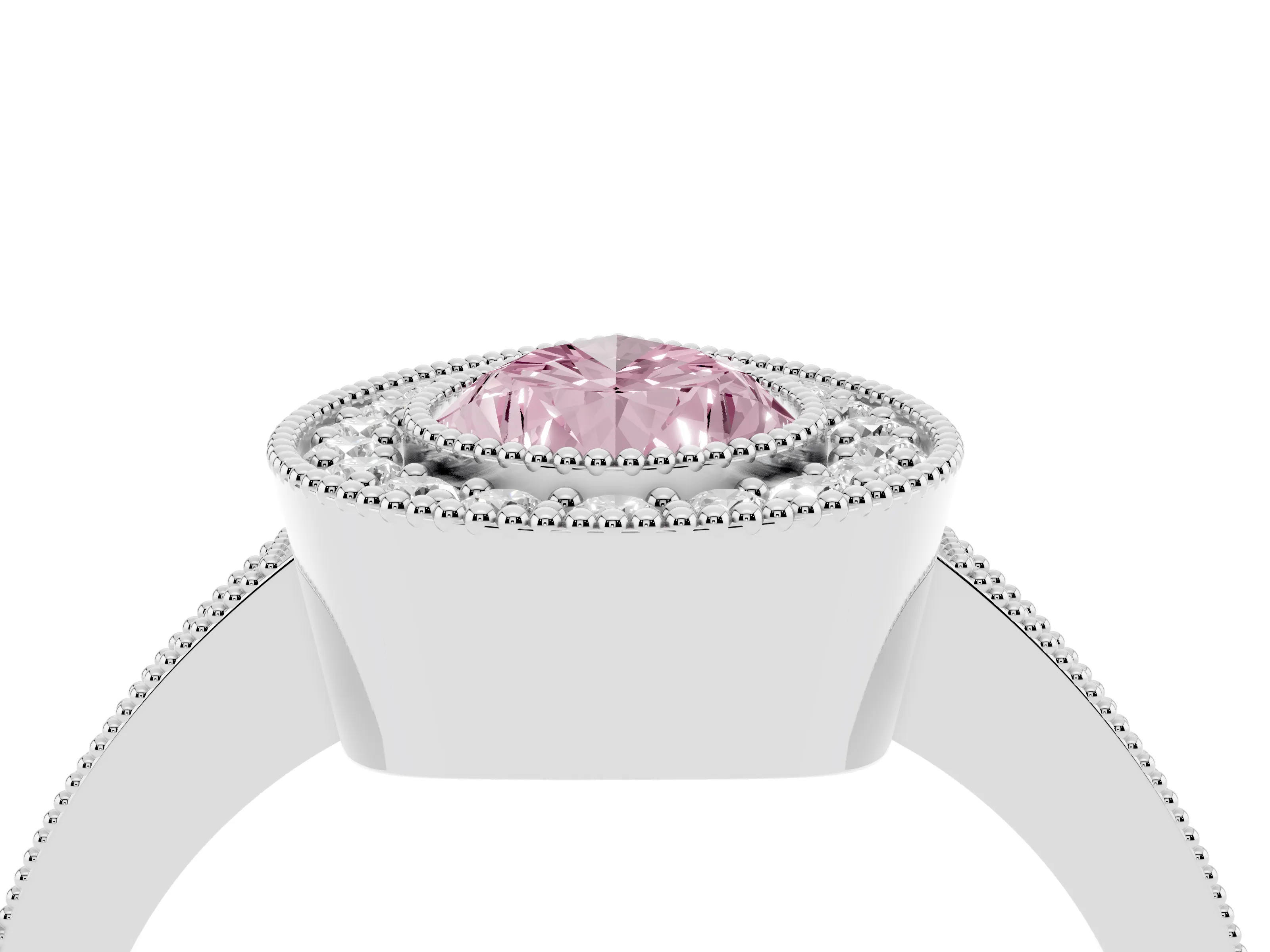 Fancy Pink Pear Cut Diamond Halo Engagement Ring Set in White gold with Pavé Band and Round Halo Stones