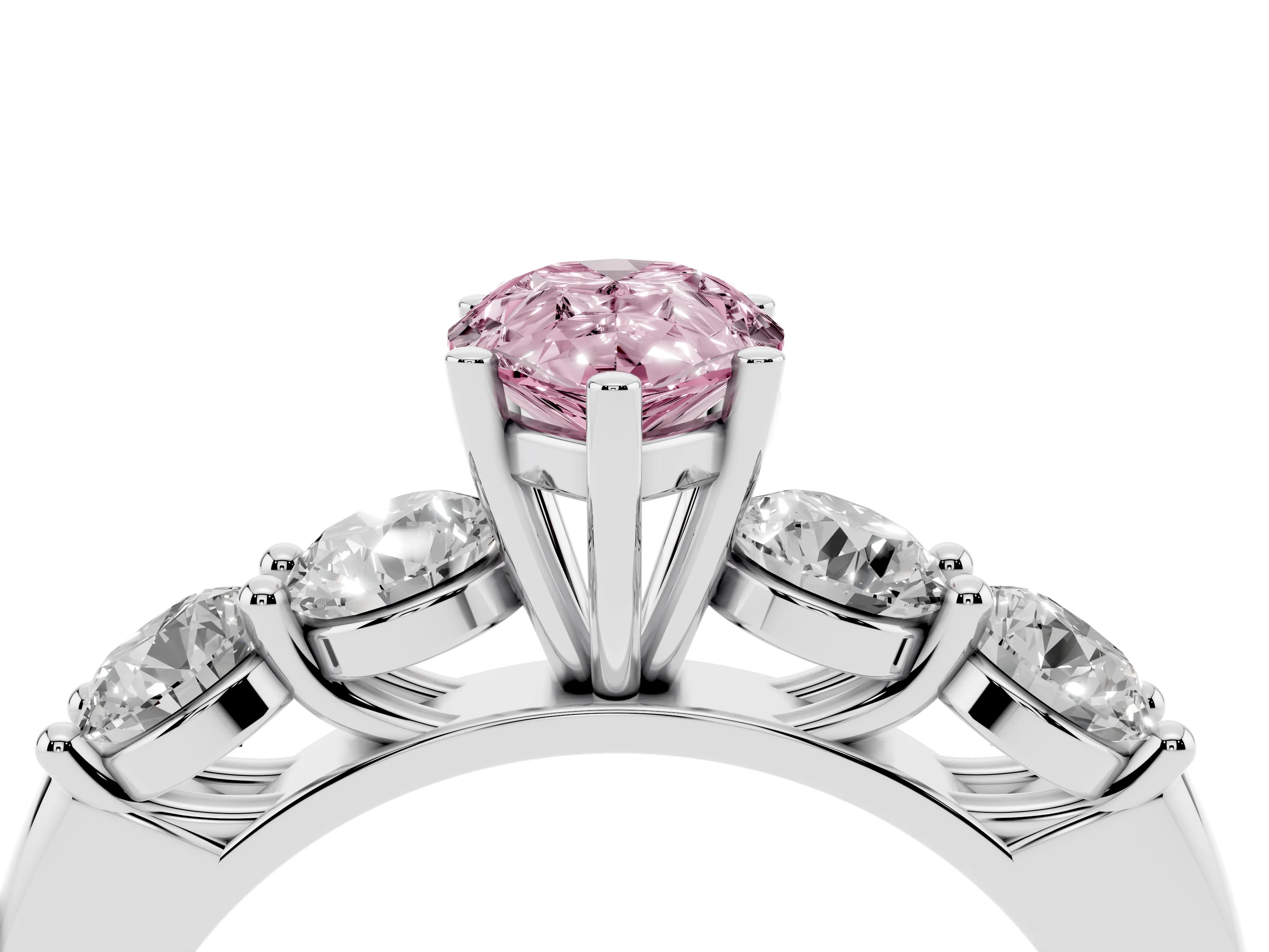 Fancy Pink Pear Cut Diamond Five-Stone Prong Set Ring Set in White gold with Classic Band