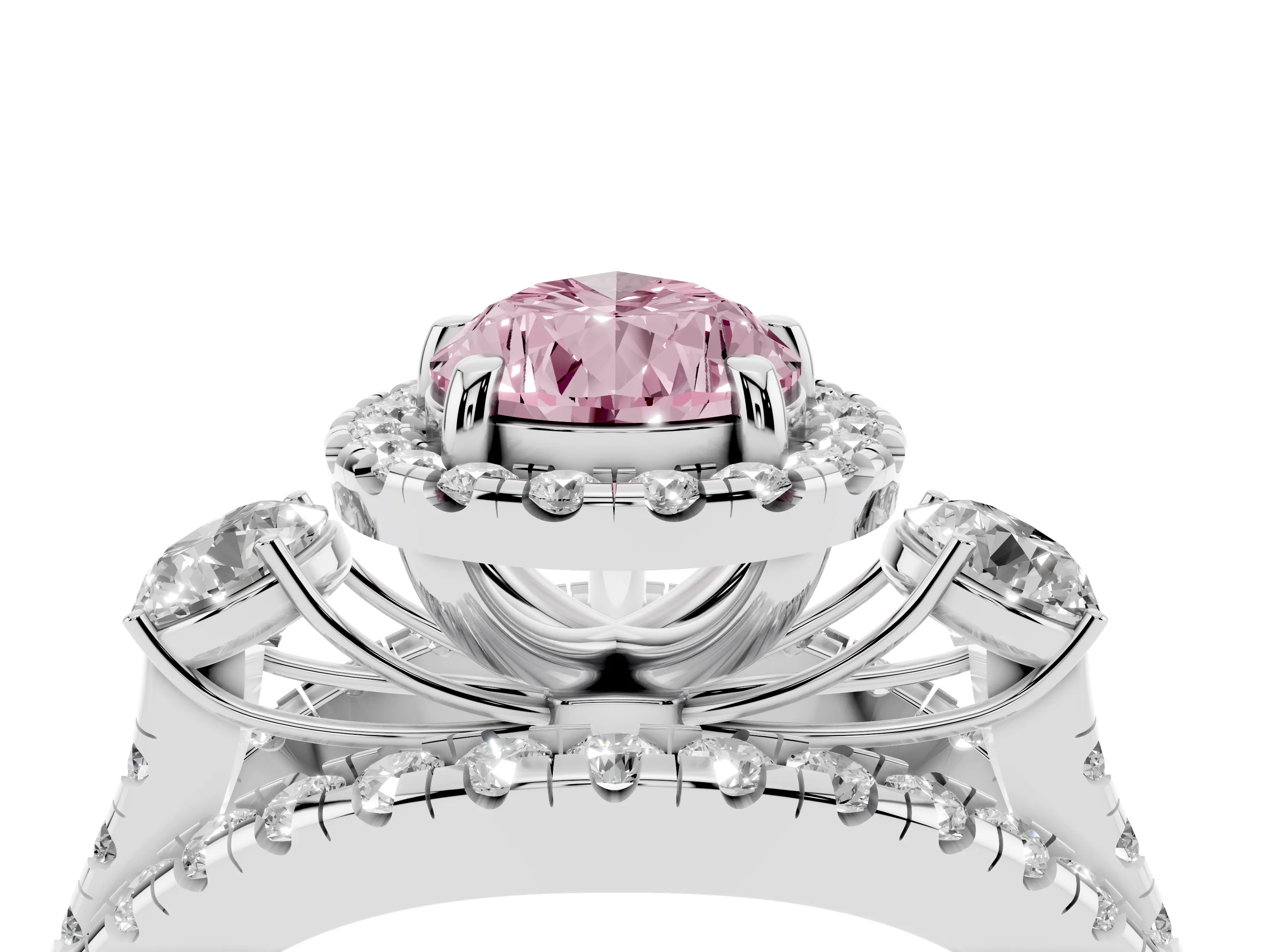 Fancy Pink Pear Cut Diamond Halo Split Shank Ring Set in White gold with Round Accent Stones and Prong Setting