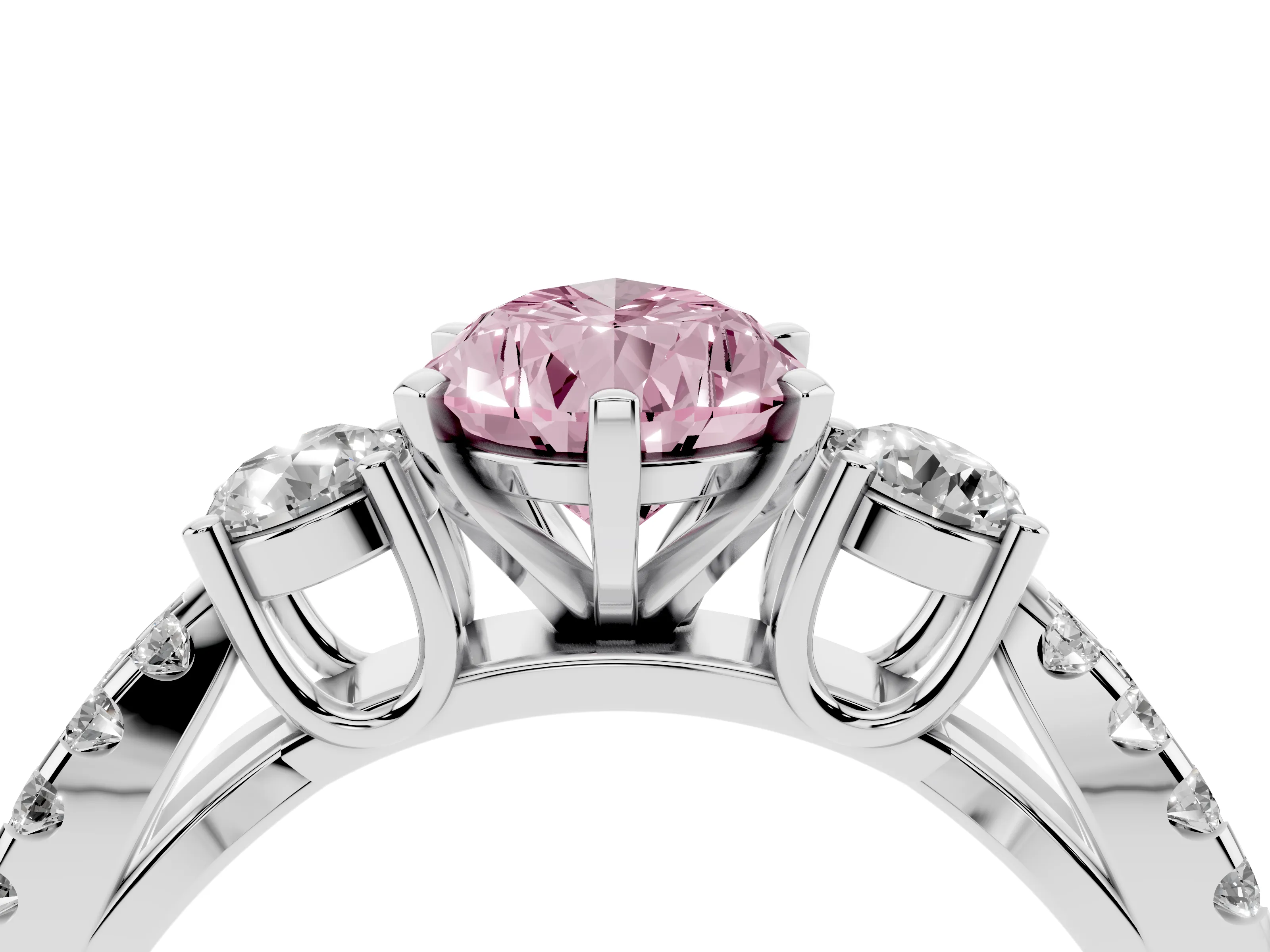 Fancy Pink Pear Cut Diamond Three-Stone Ring Set in White gold with Pavé Split Shank and Prong Setting