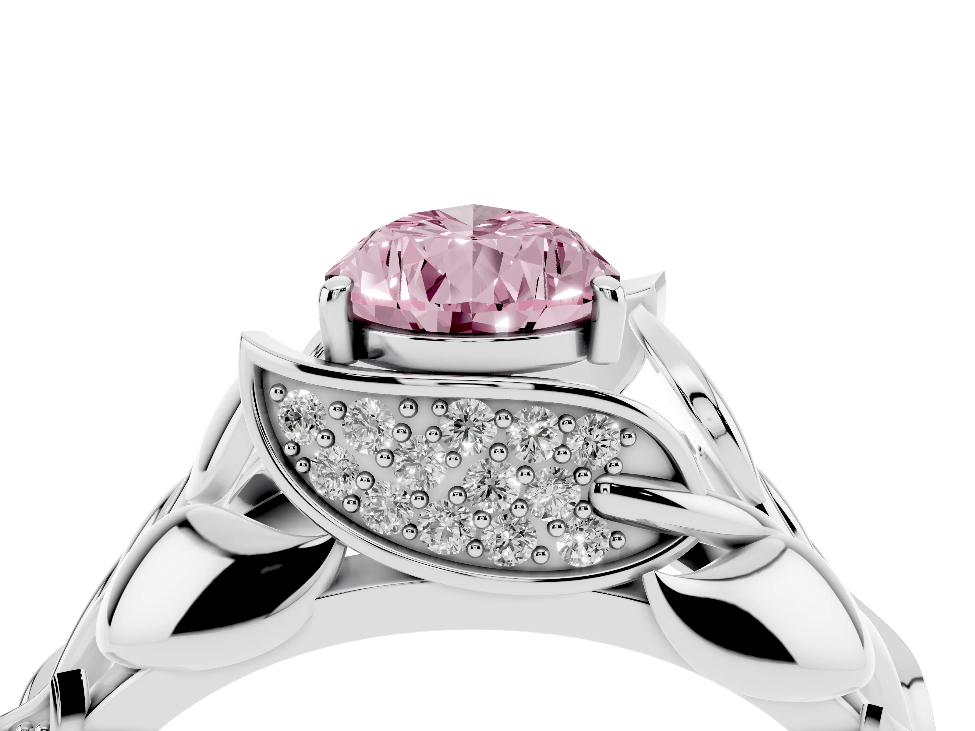 Fancy Pink Pear Cut Diamond Leaf-Inspired Engagement Ring Set in Silver with Round Accents