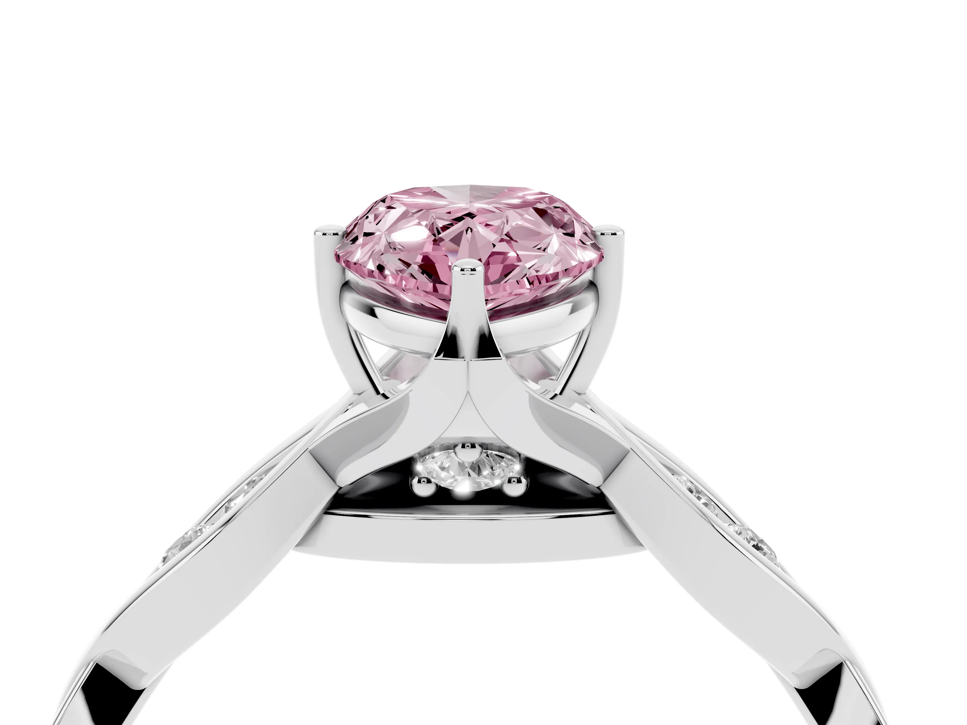 Fancy Pink Pear Cut Diamond Twist Band Solitaire Ring Set in Platinum with Leaf Prong Setting and Accent Stones