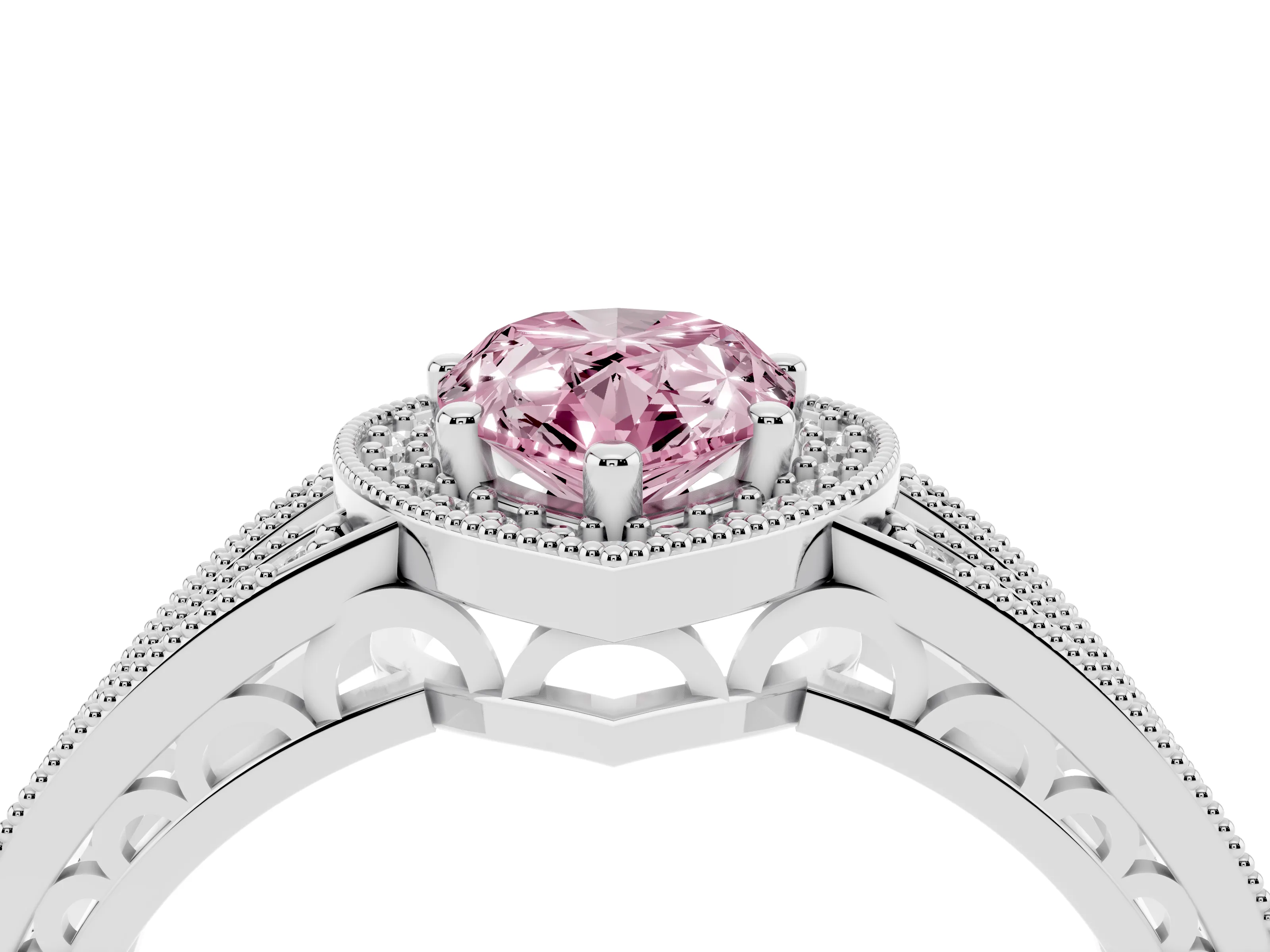 Fancy Pink Pear Cut Diamond Halo Ring Set in Platinum with Accent Split Shank and Prong Setting
