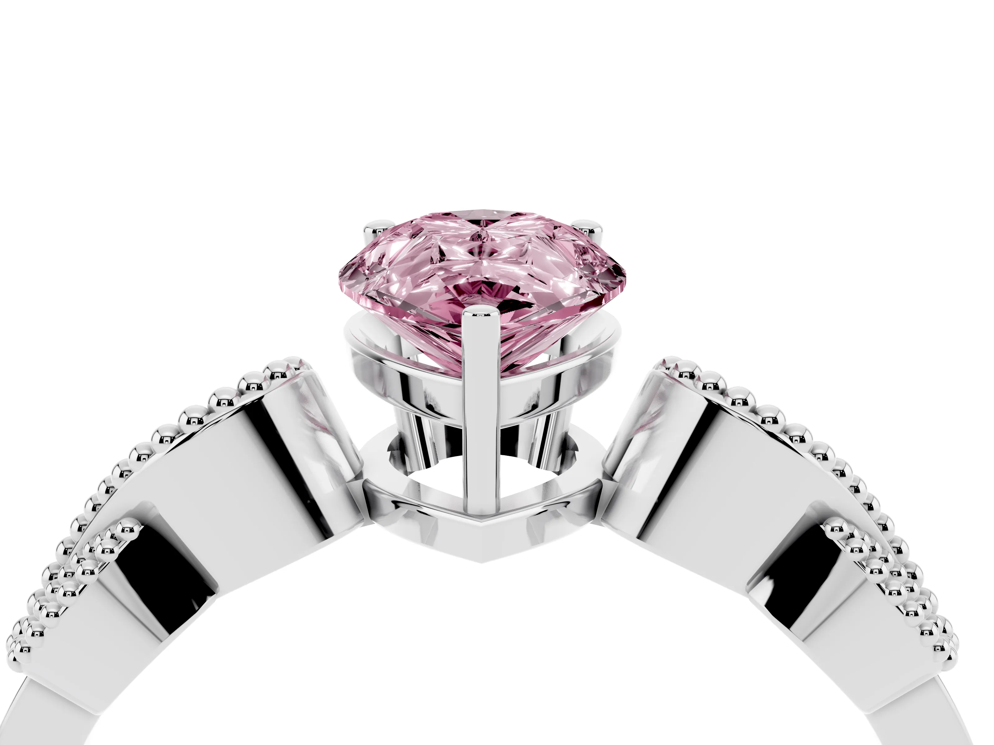 Fancy Pink Pear Cut Diamond Milgrain Leaf Band Solitaire Ring Set in White gold with Accent Stones and Prong Setting