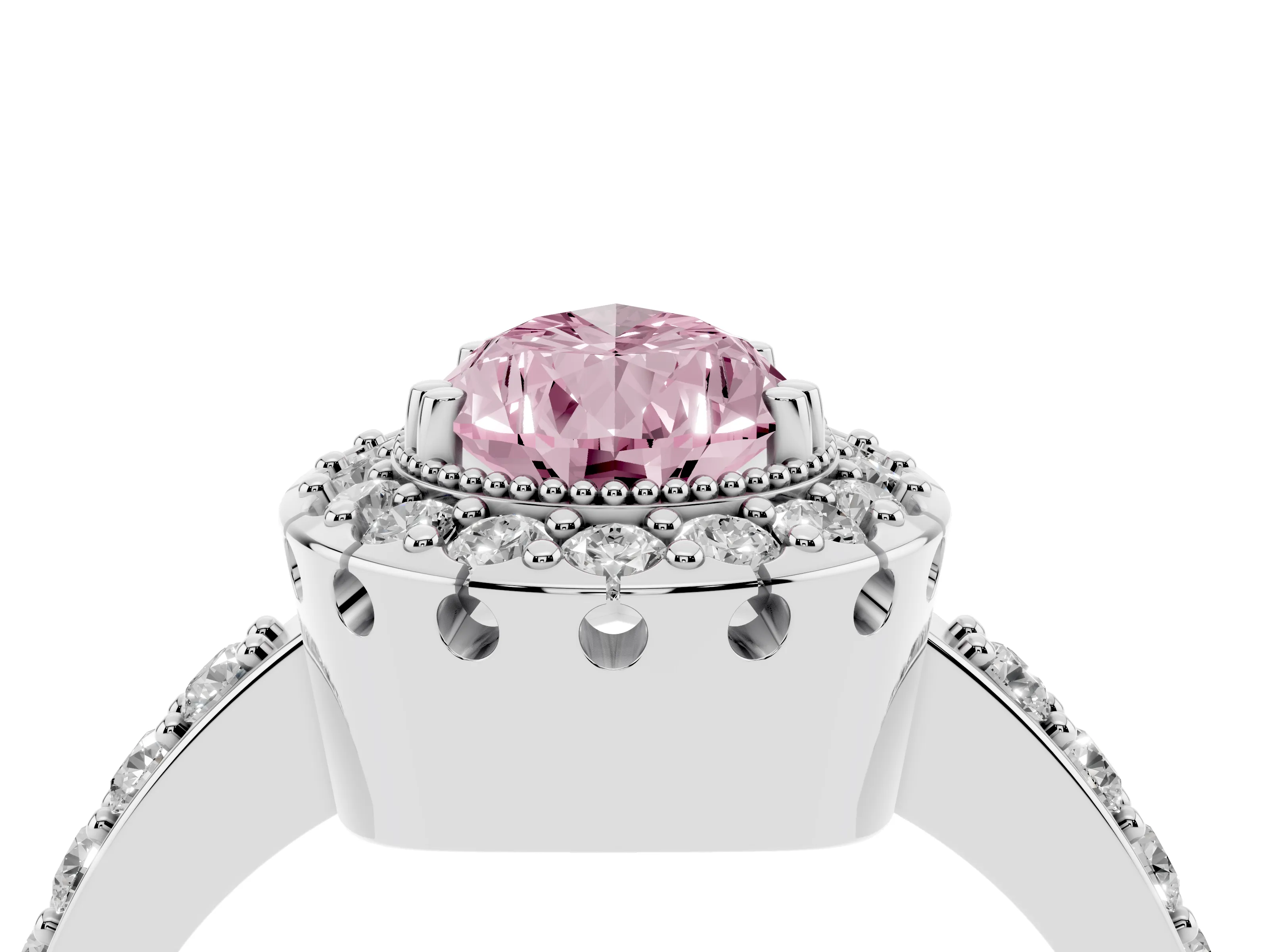 Fancy Pink Pear Cut Diamond Halo Ring Set in White gold with Pavé Shank and Prong Setting