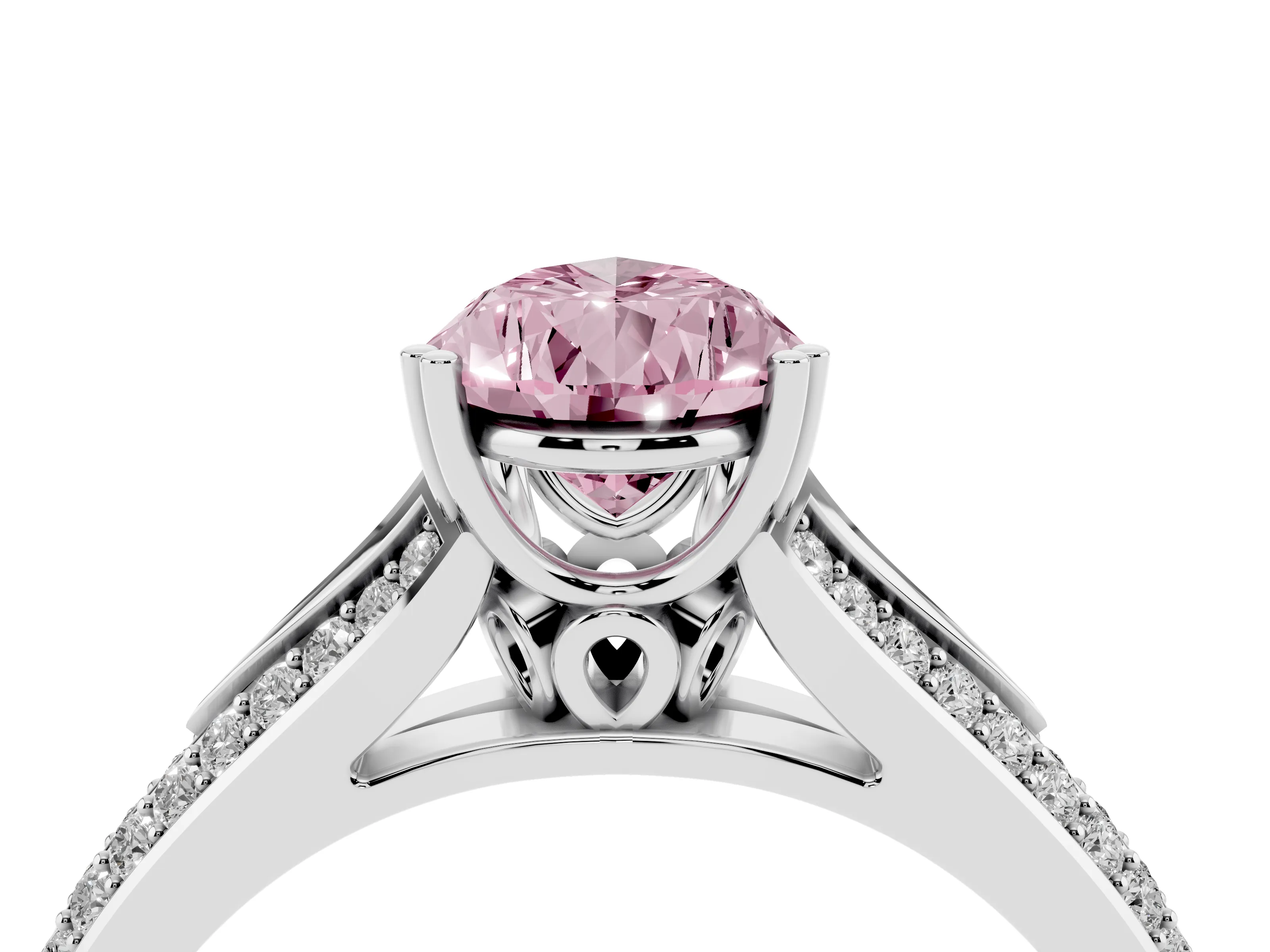 Fancy Pink Pear Cut Diamond Split Shank Pavé Engagement Ring Set in White gold with Prong-Set Center Stone