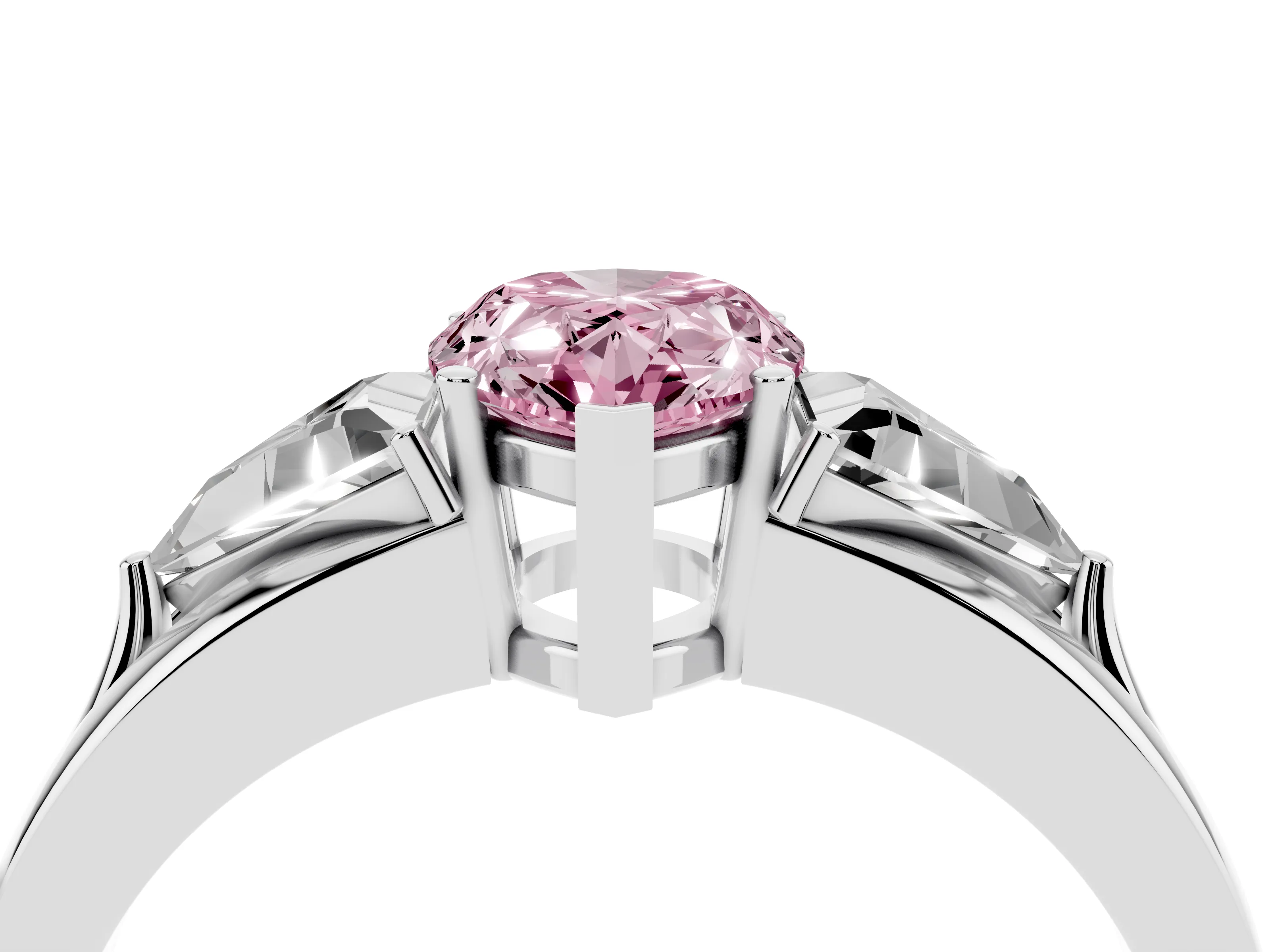 Fancy Pink Pear Cut Diamond Three-Stone Ring Set in Silver with Trillion Side Stones and Split Shank