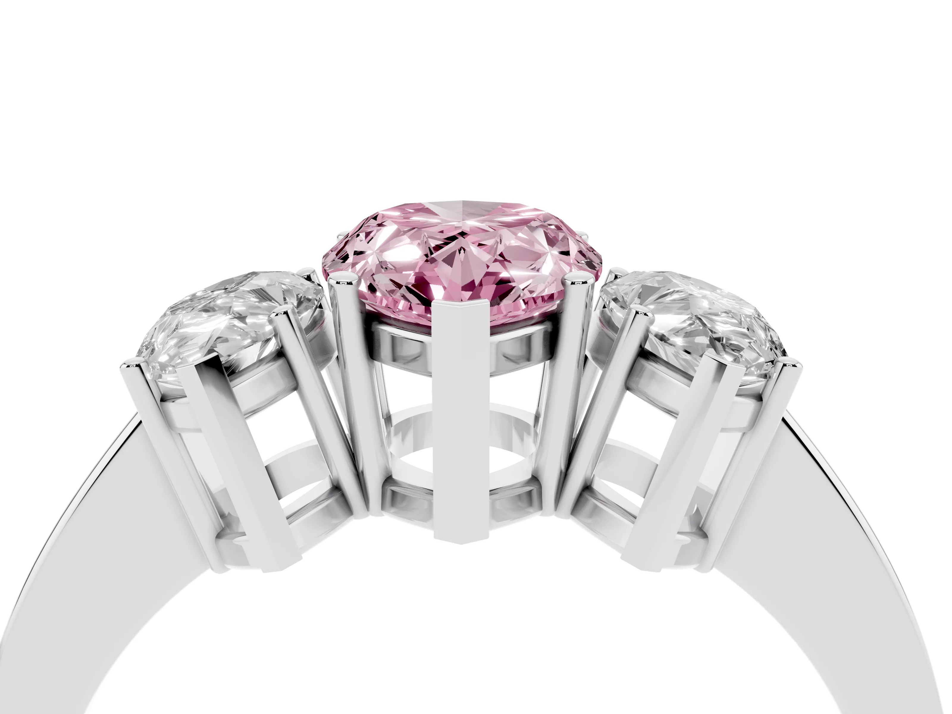 Fancy Pink Pear Cut Diamond Three-Stone Engagement Ring Set in Silver with Flat Band
