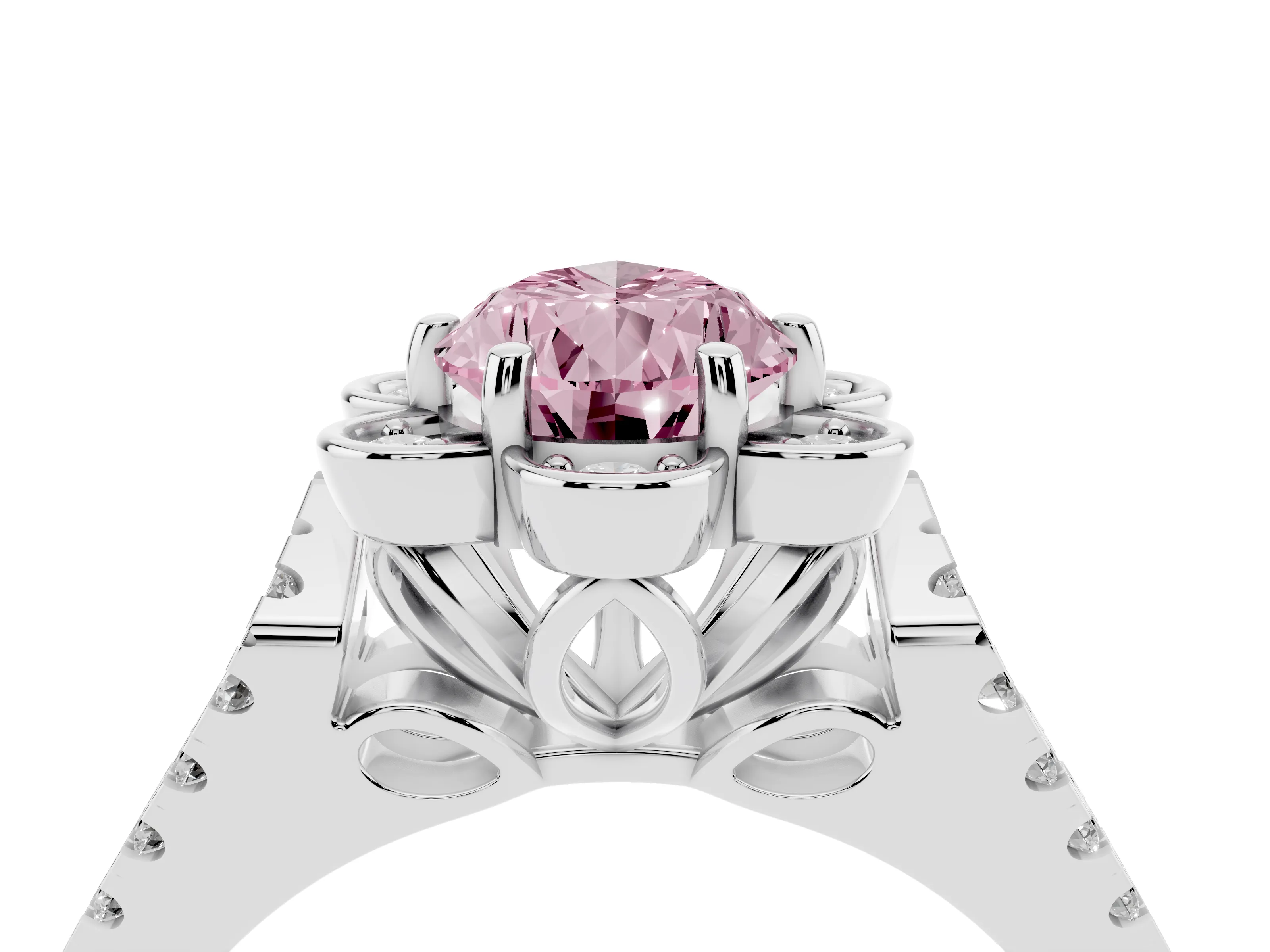 Fancy Pink Pear Cut Diamond Floral Halo Split Shank Engagement Ring Set in White gold with Pavé Shank