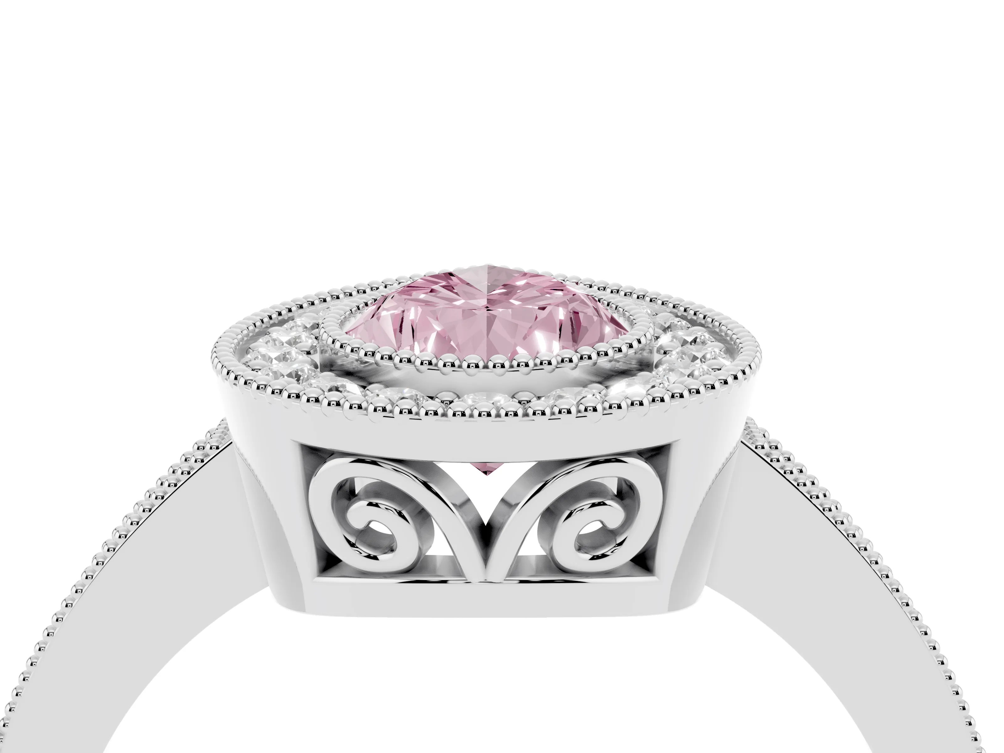 Fancy Pink Pear Cut Diamond Halo Ring Set in Platinum with Pavé Band and Milgrain-Edged Prongs