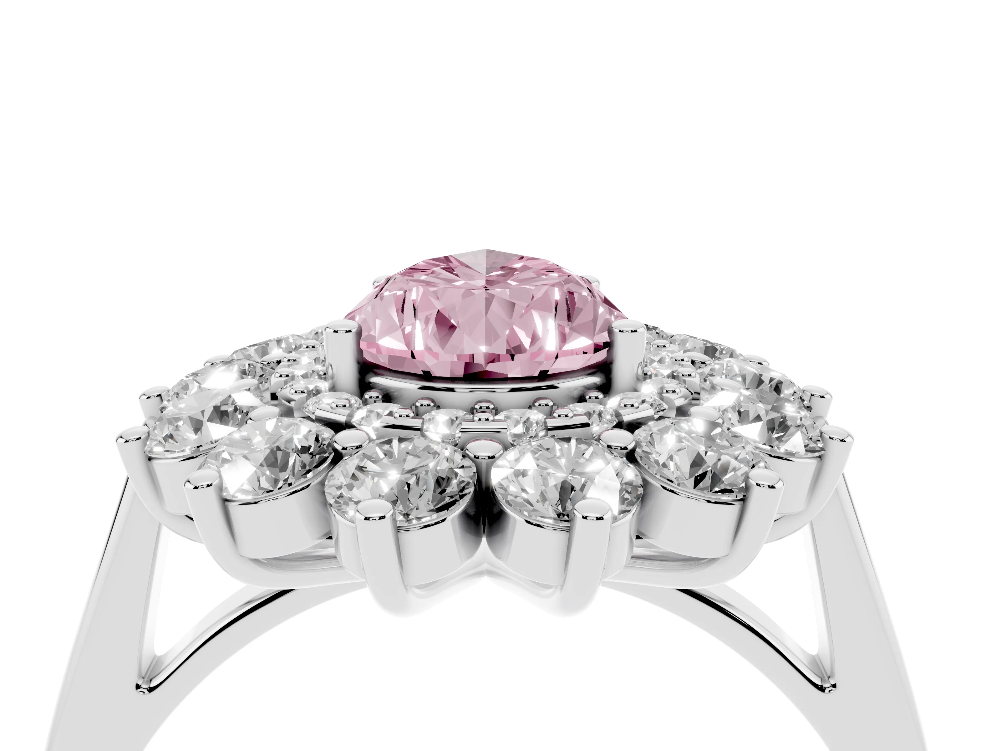 Fancy Pink Pear Cut Diamond Floral Double Halo Ring Set in White gold with Round Petals