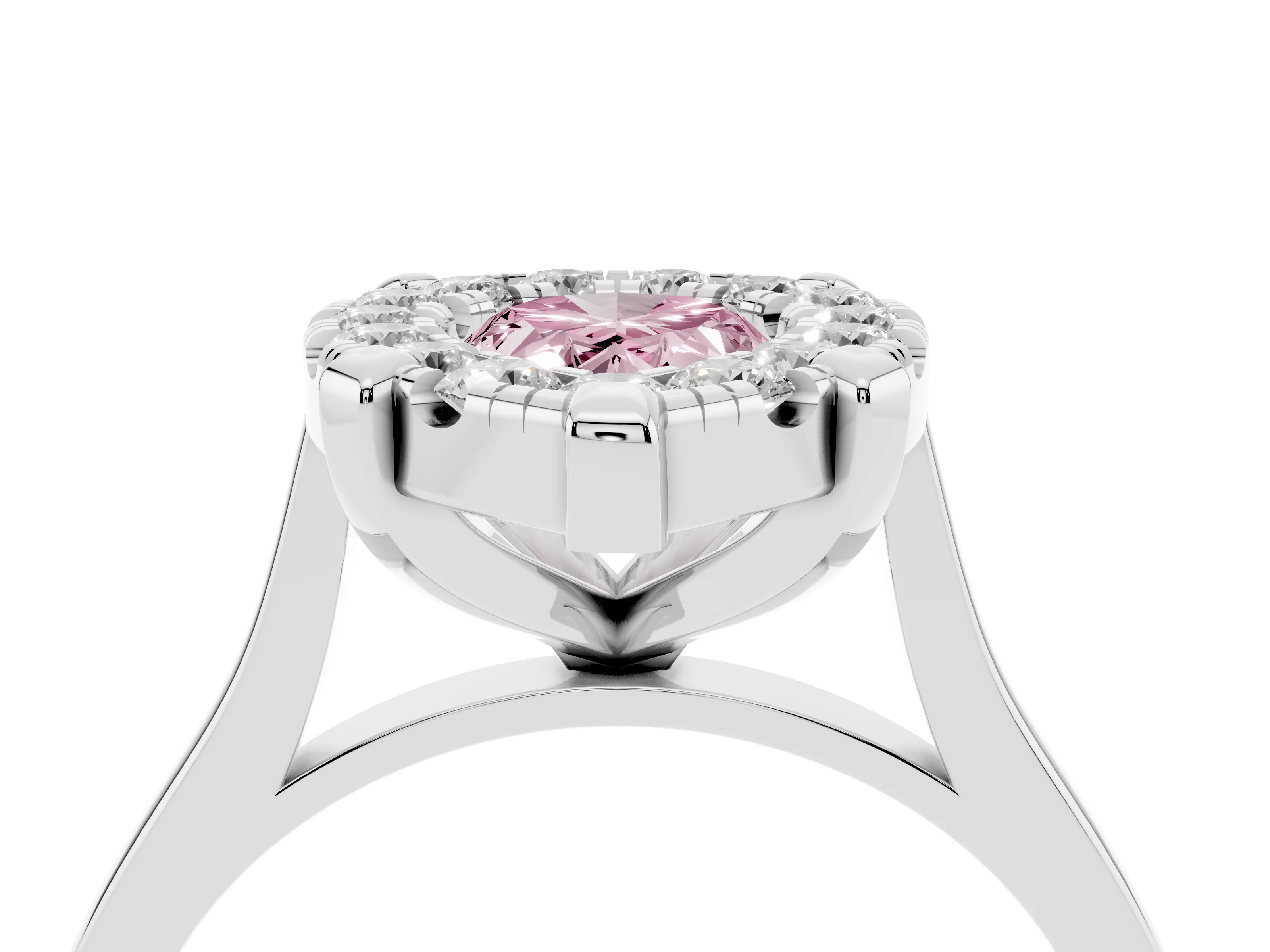 Fancy Pink Pear Cut Diamond Cluster Halo Solitaire Ring Set in Silver with Prong Setting