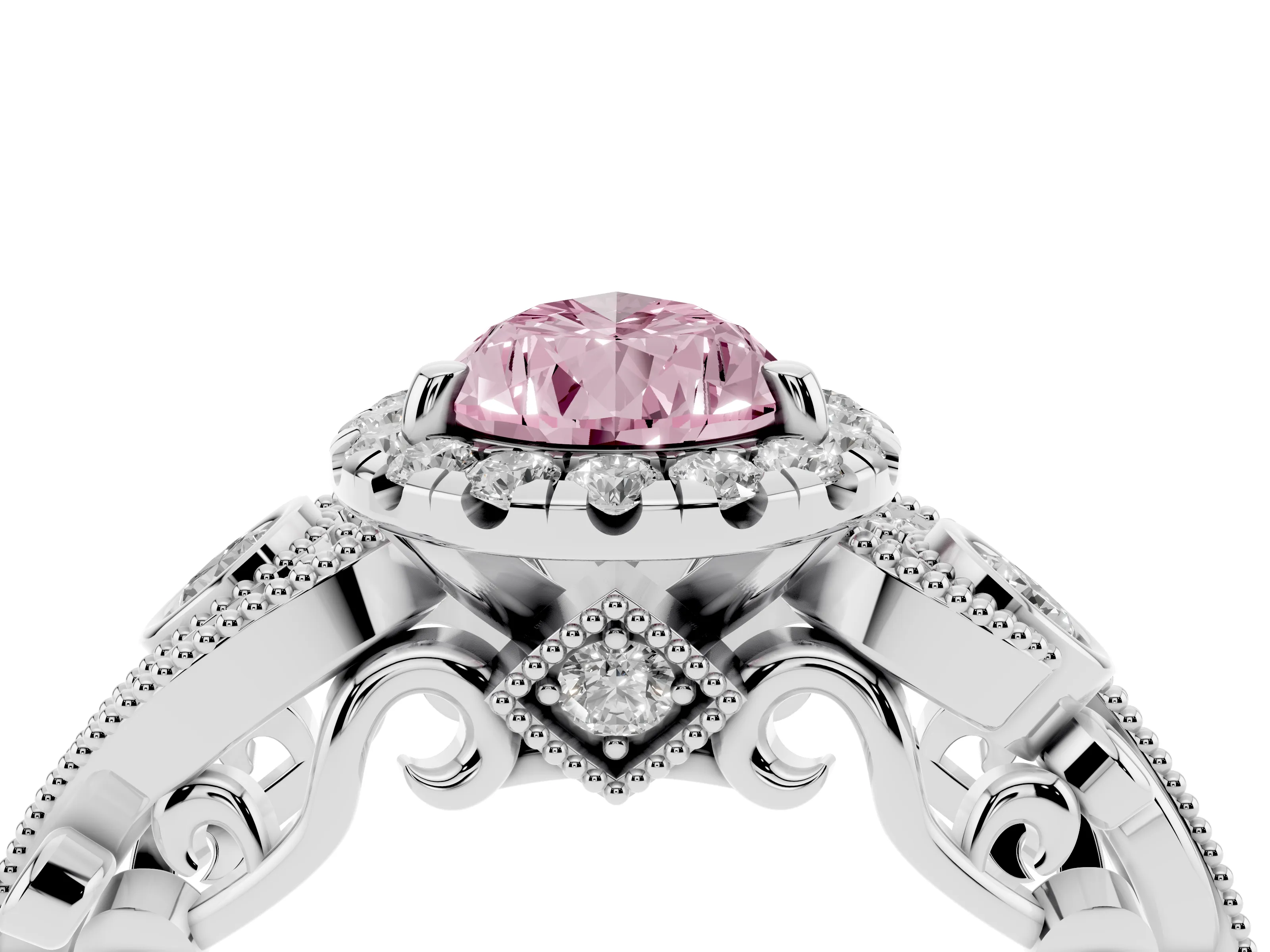 Fancy Pink Pear Cut Diamond Halo Ring Set in Silver with Milgrain Pavé Band and Prong Setting