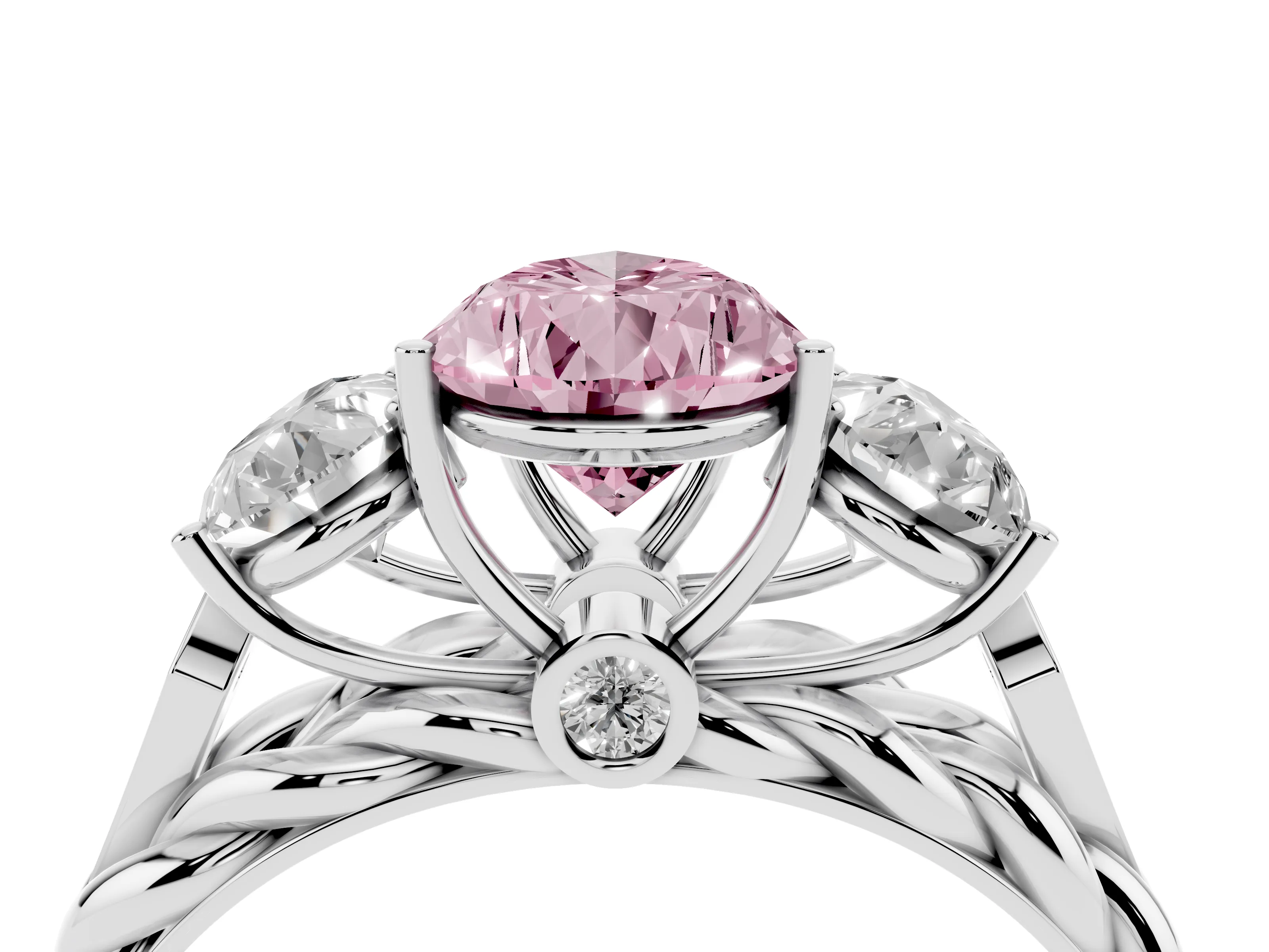 Fancy Pink Pear Cut Diamond Three-Stone Ring Set in Silver with Braided Band