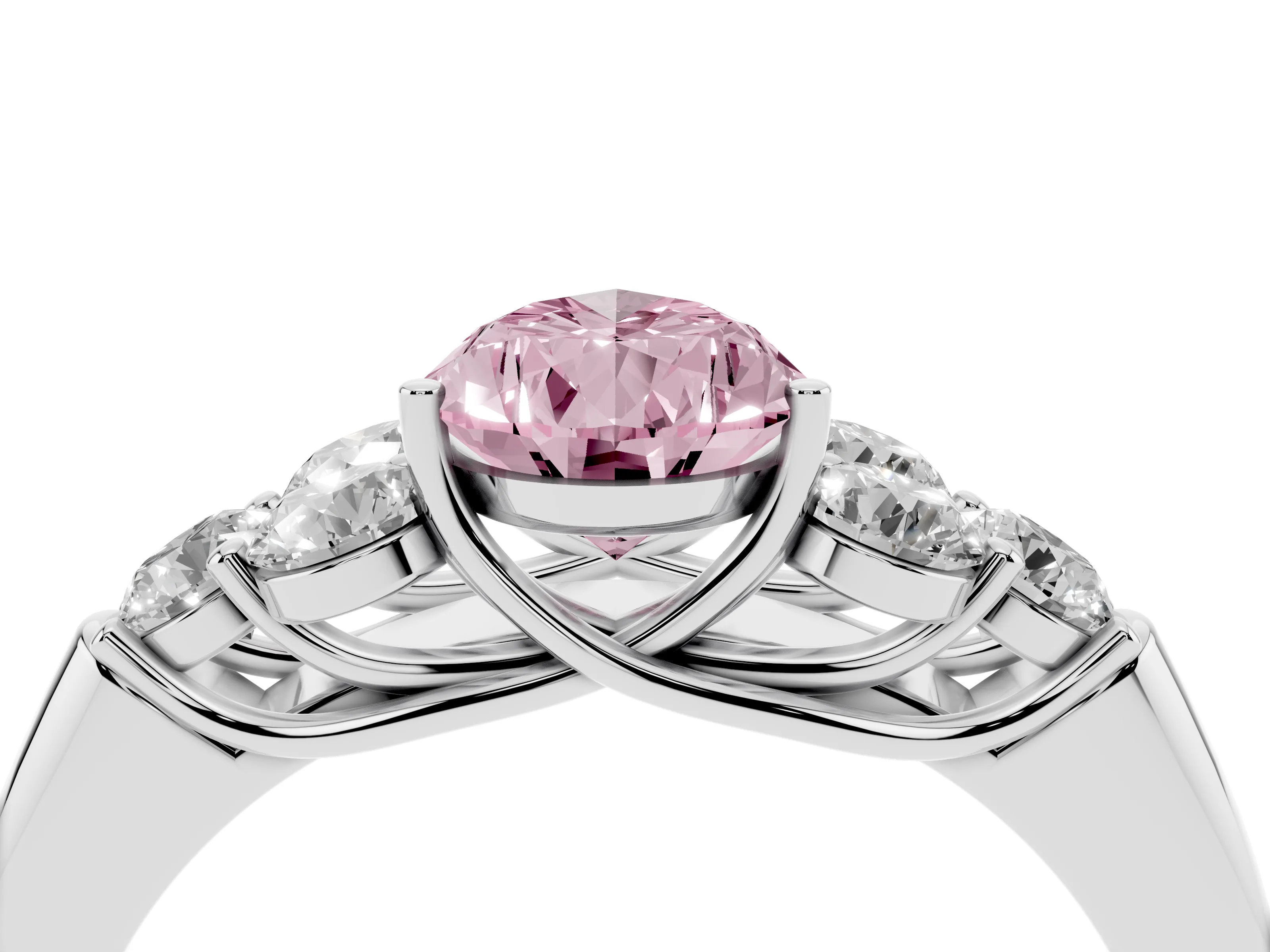 Fancy Pink Pear Cut Diamond Cluster Ring Set in Silver with Round Accent Stones and Prong Setting on a Plain Band