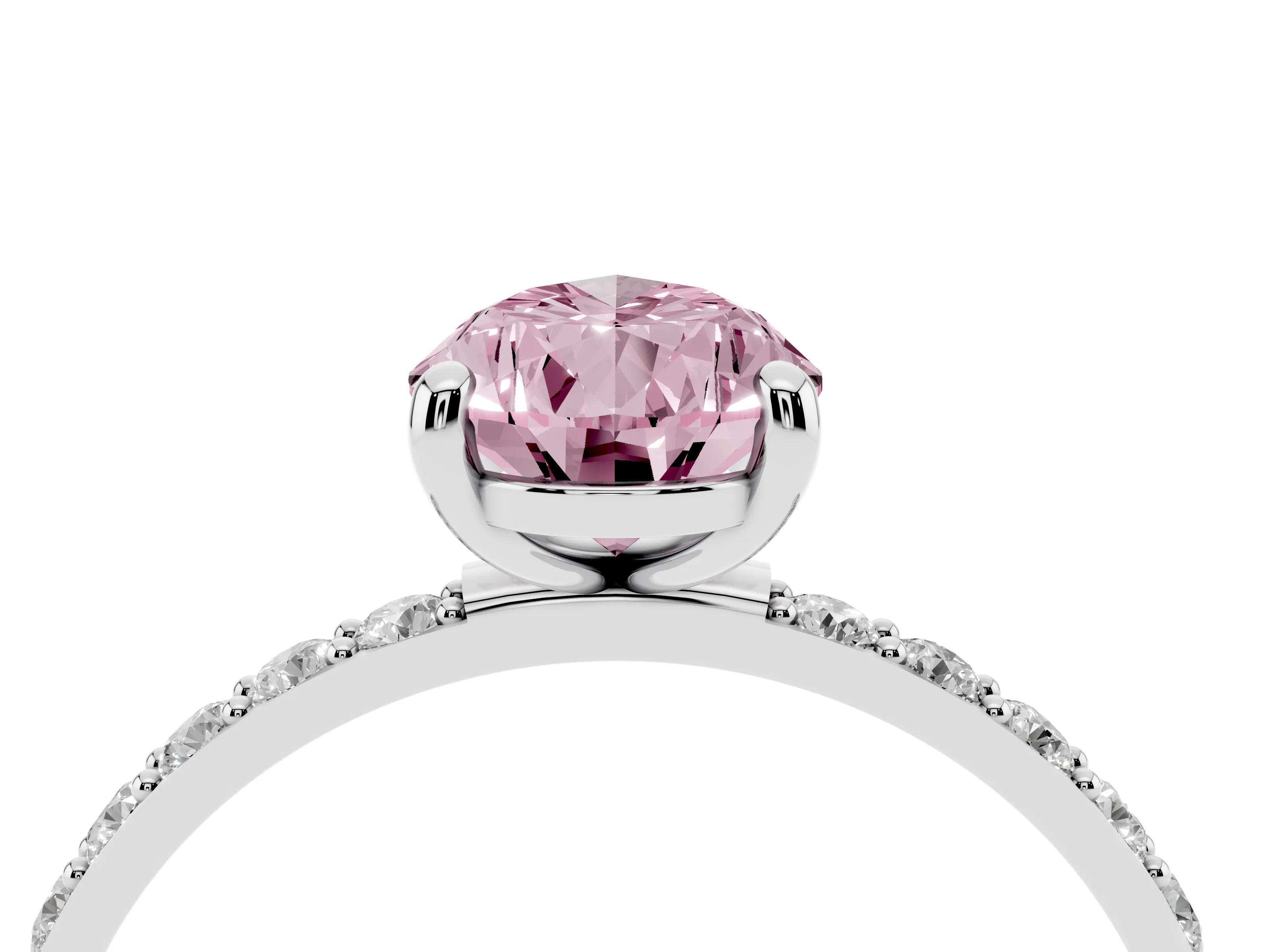 Fancy Pink Pear Cut Diamond Solitaire Ring Set in Platinum with Round Pavé Band and Prong Setting