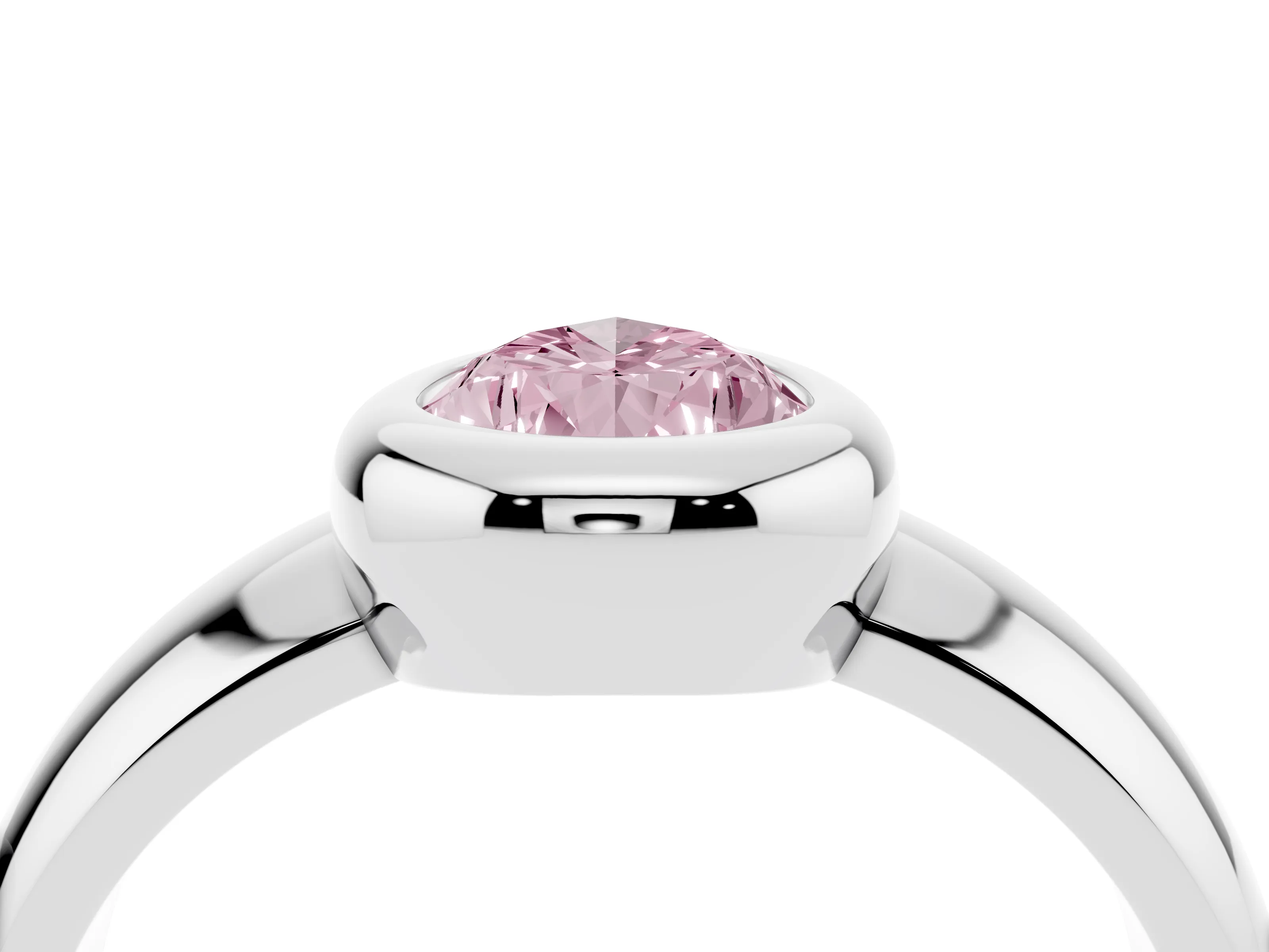 Fancy Pink Bezel Set Pear Cut Diamond Solitaire Ring Set in Platinum with Wide Band