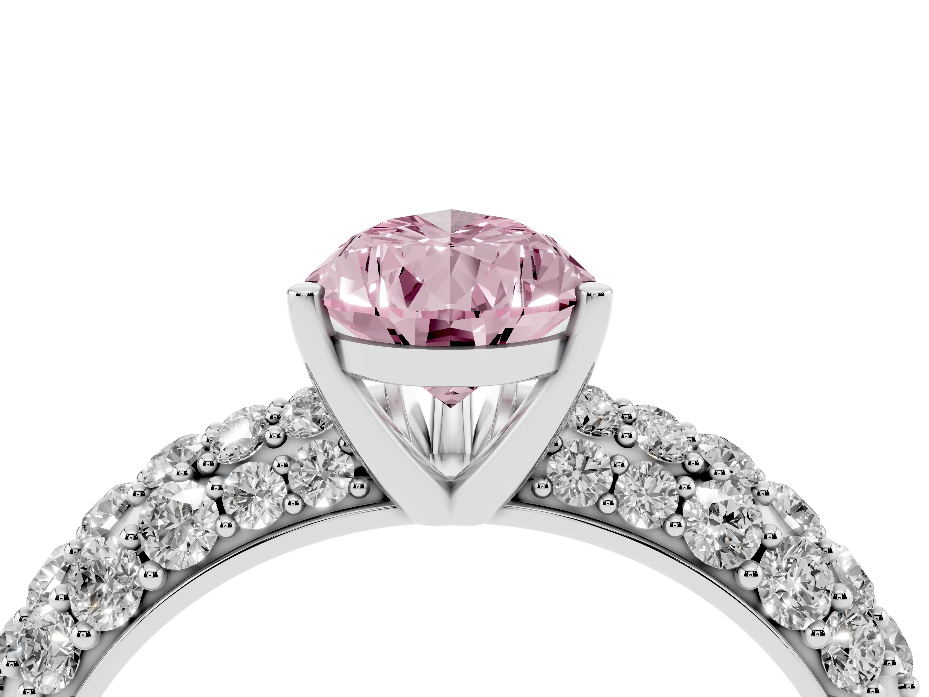 Fancy Pink Pear Cut Diamond Pavé Band Solitaire Ring Set in White gold with Close-Set Accent Stones and Prong Setting