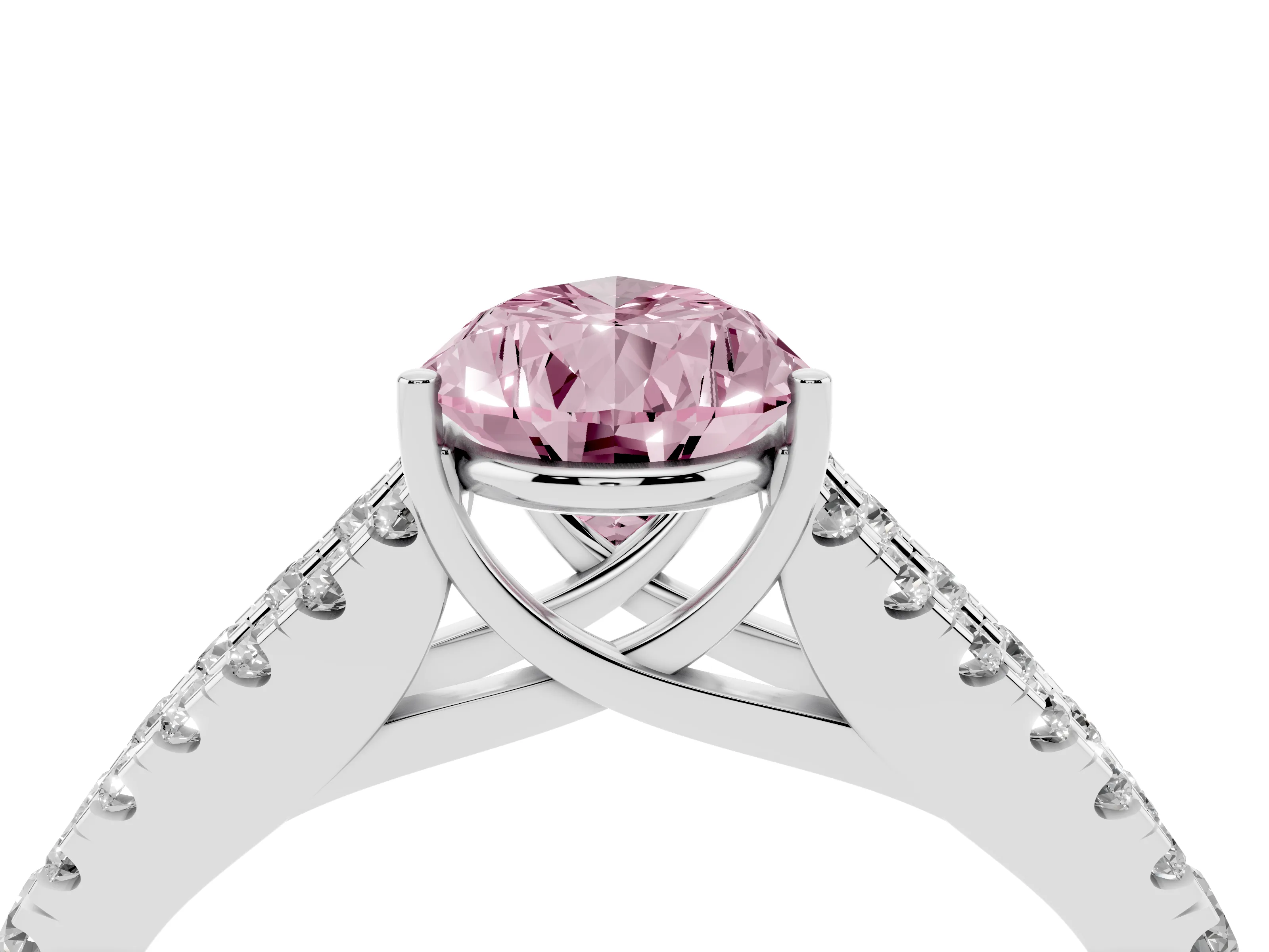Fancy Pink Pear Cut Diamond Split Shank Pavé Engagement Ring Set in Platinum with Prong-Held Center Stone