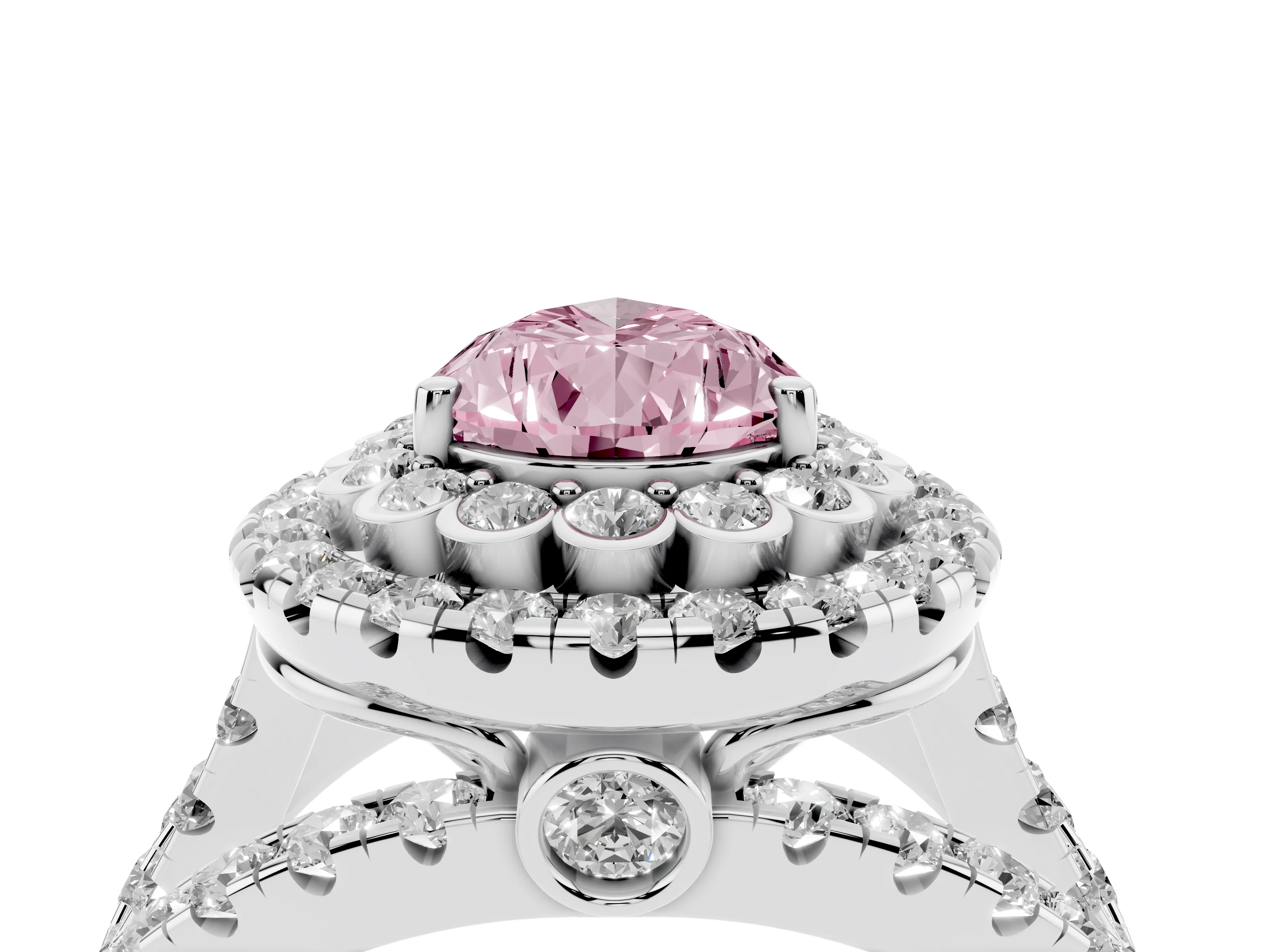 Fancy Pink Pear Cut Diamond Double Halo Ring Set in Silver with Round Pavé Split Shank