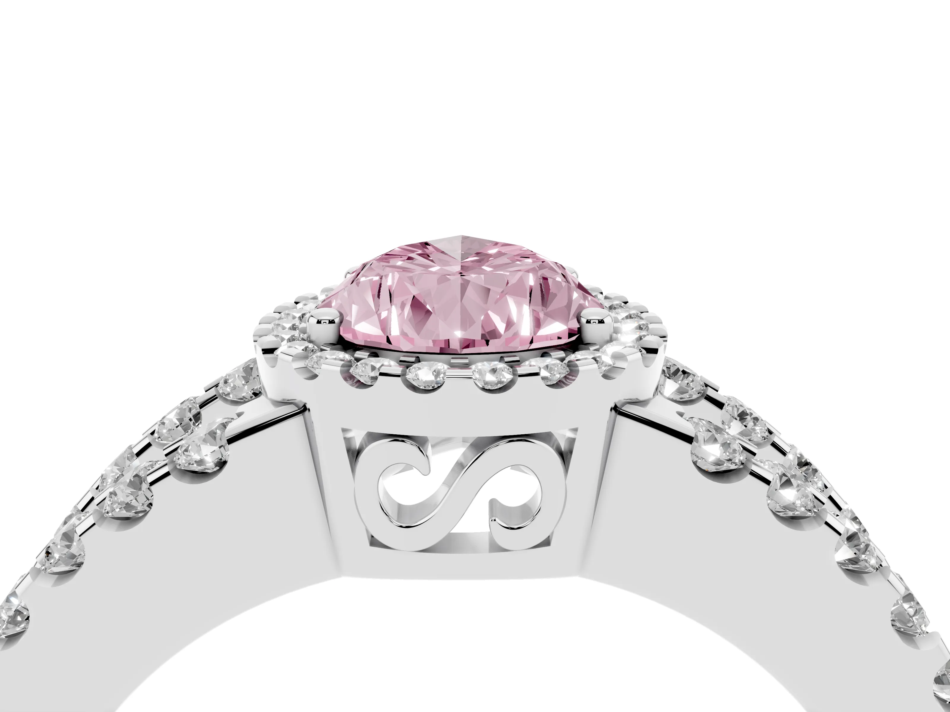 Fancy Pink Pear Cut Diamond Halo Ring Set in Platinum with Pavé Split Shank and Prong Setting