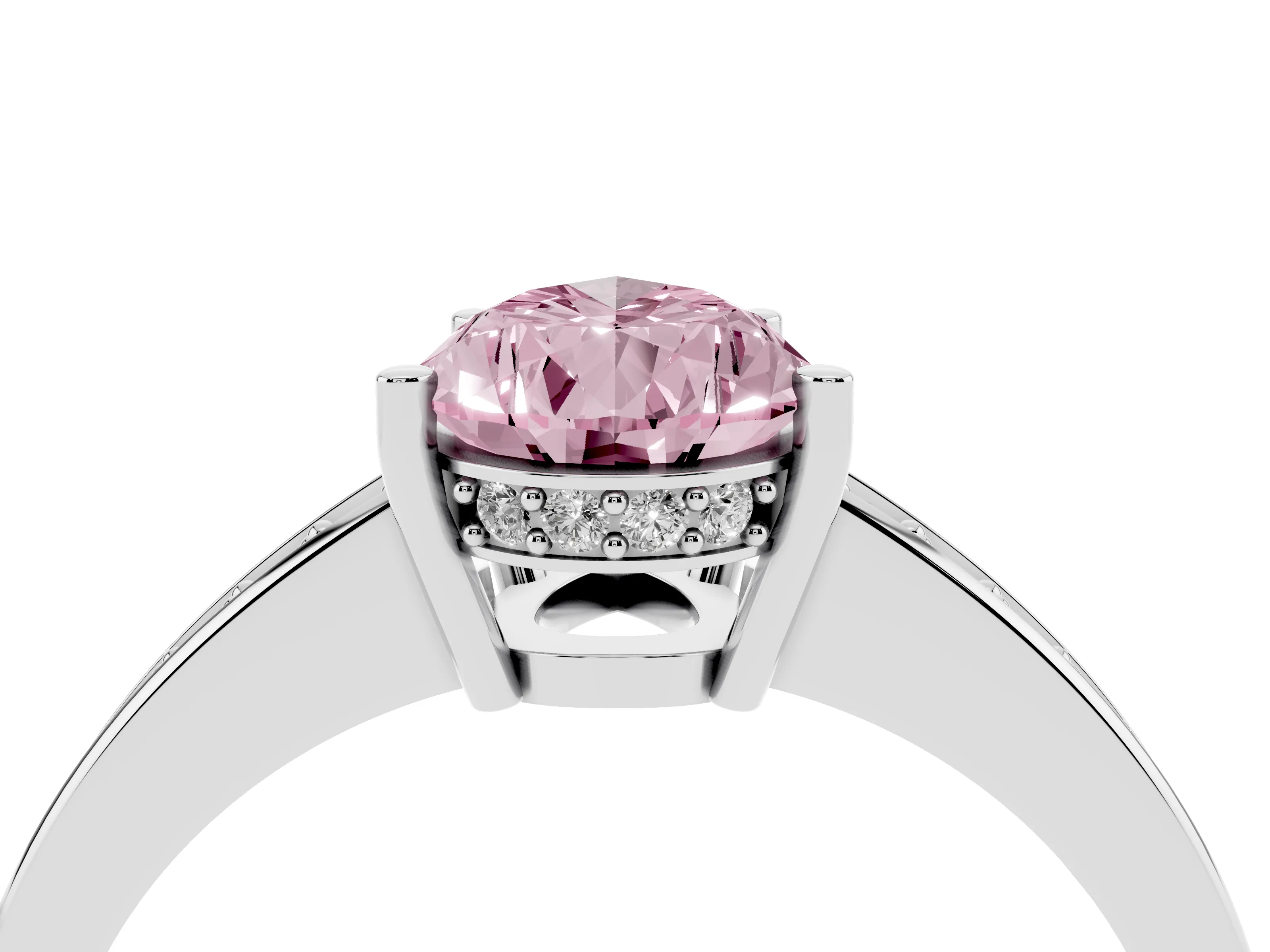 Fancy Pink Pear Cut Diamond Pavé Band Prong Set Solitaire Ring Set in Silver