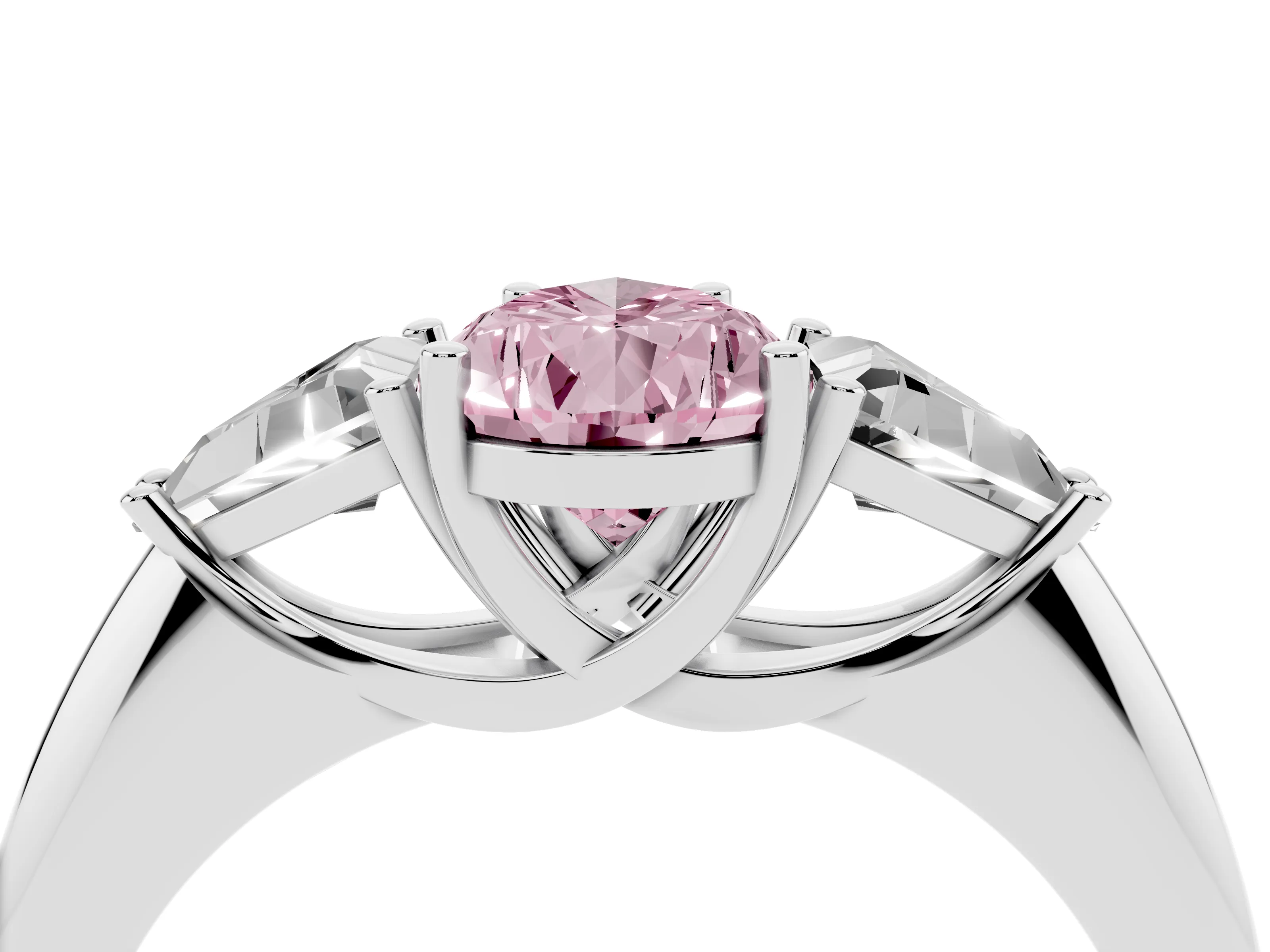 Fancy Pink Pear Cut Diamond Three-Stone Engagement Ring Set in Platinum with Trillion Side Stones