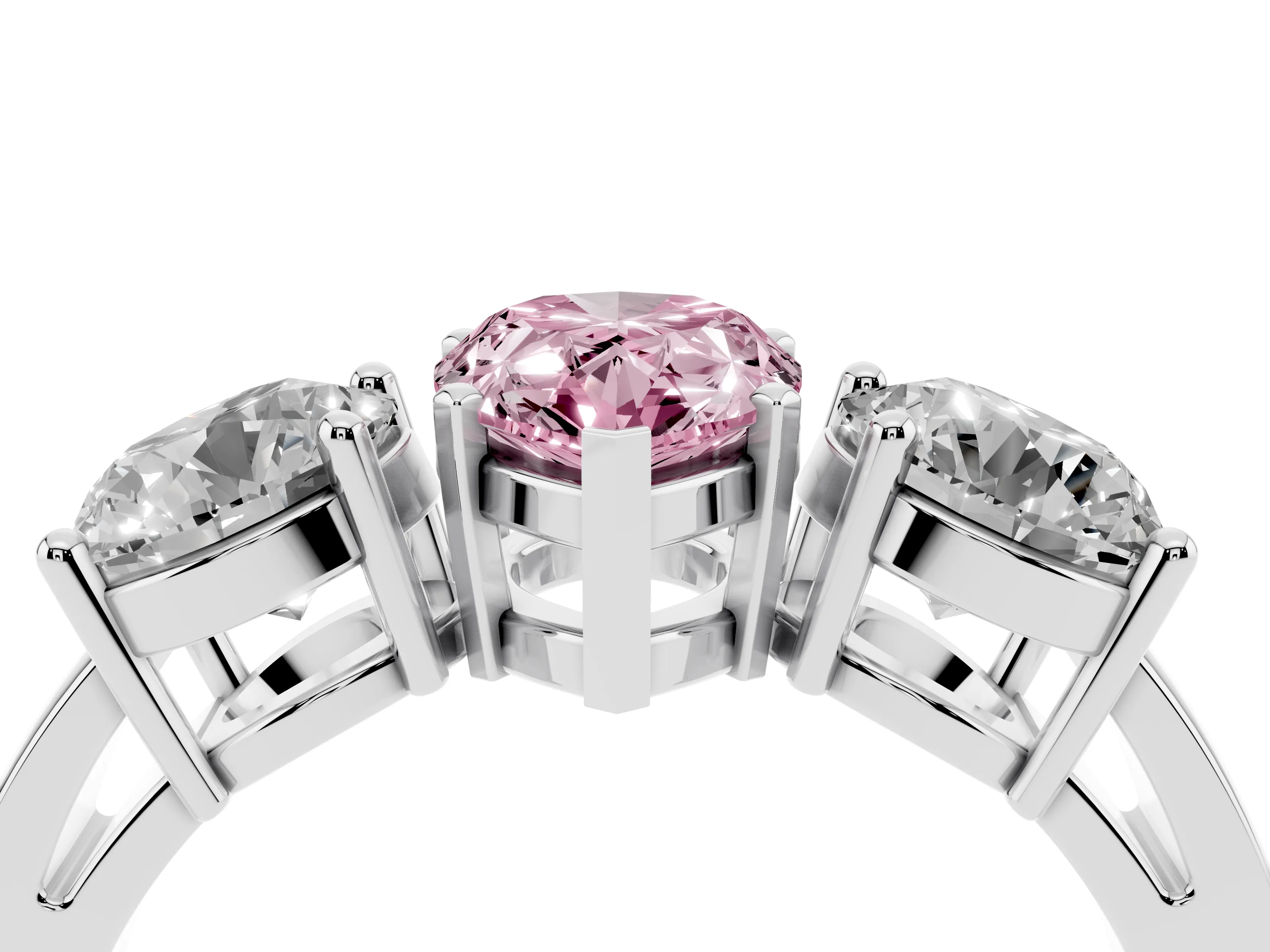 Fancy Pink Pear Cut Diamond Three-Stone Ring Set in Silver with Round Side Stones and Classic Band