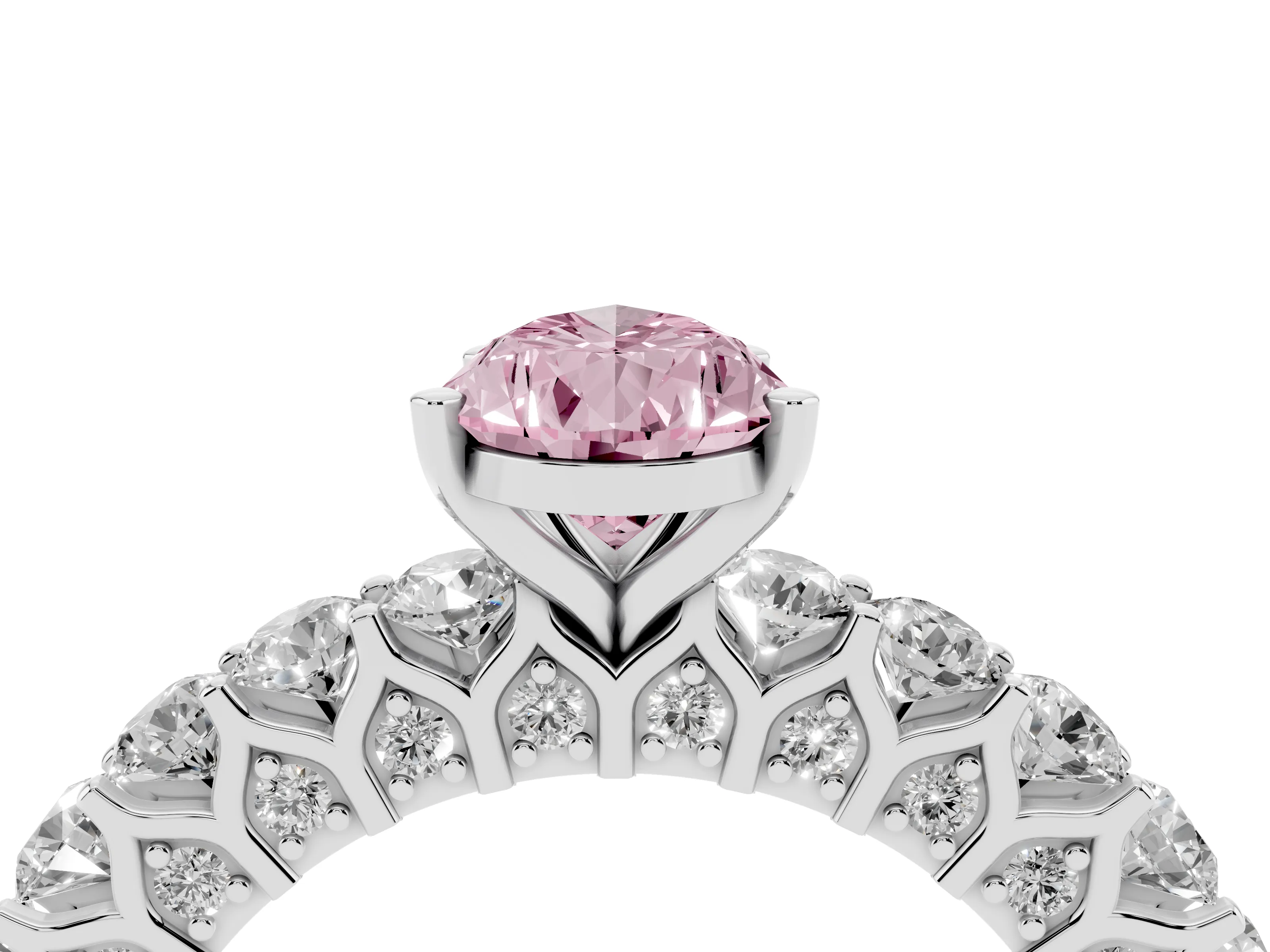 Fancy Pink Pear Cut Diamond Solitaire Ring Set in Silver with Shared Prong Pavé Band