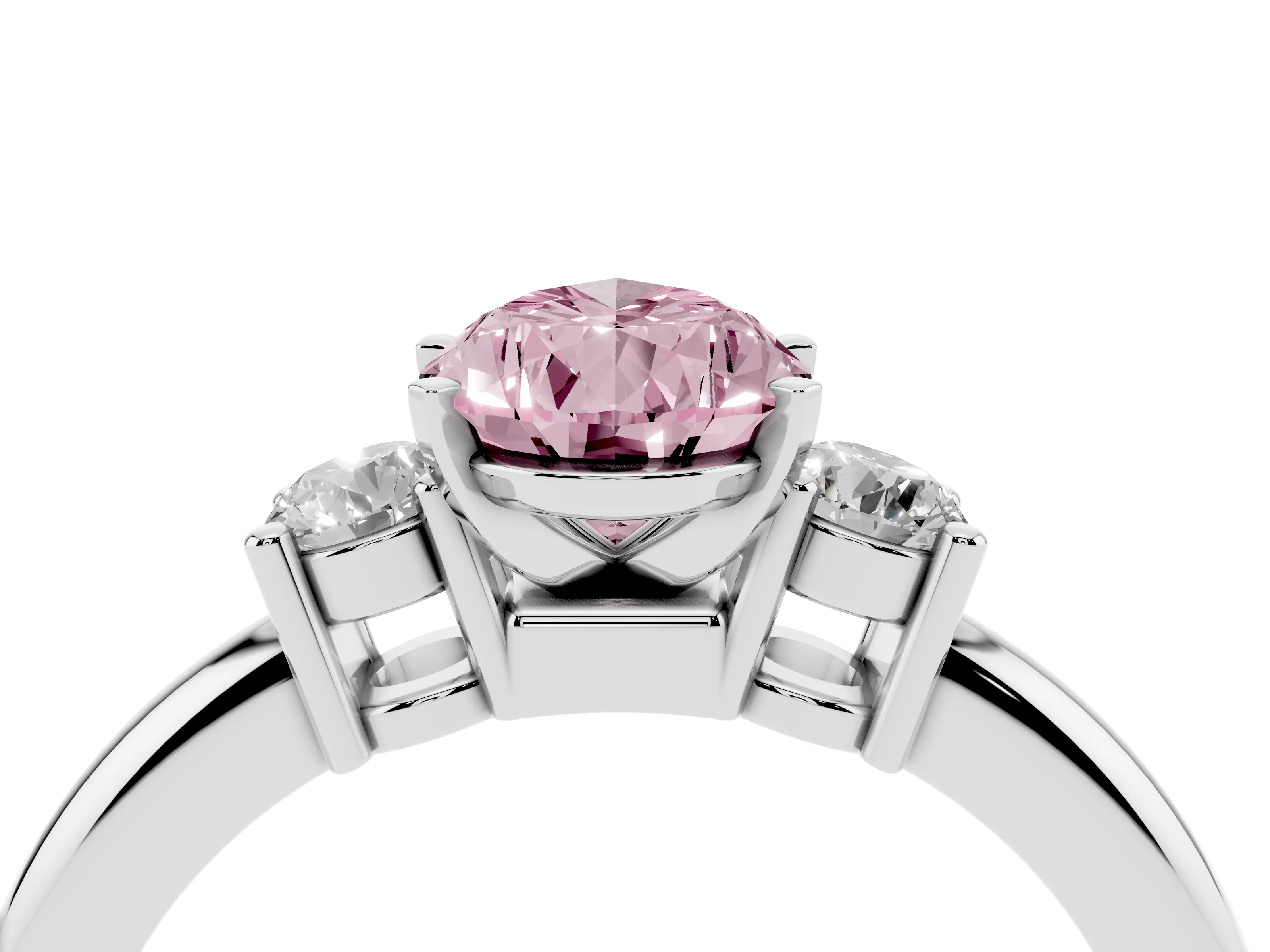 Fancy Pink Three-Stone Pear Cut Diamond Ring Set in Silver with Prong Setting and Plain Band