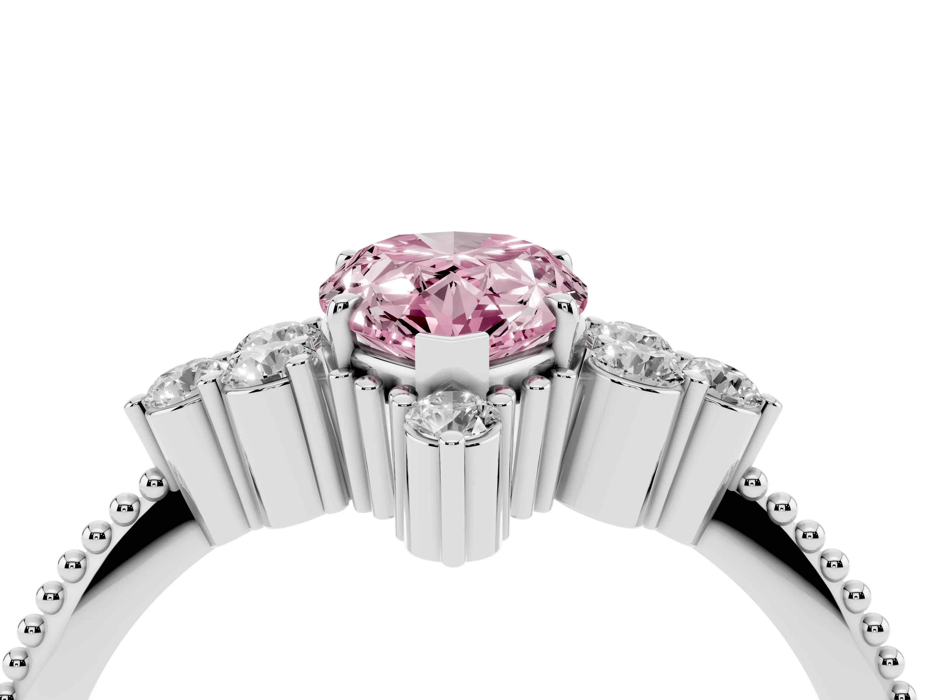 Fancy Pink Pear Cut Diamond Cluster Ring Set in Silver with Beaded Band