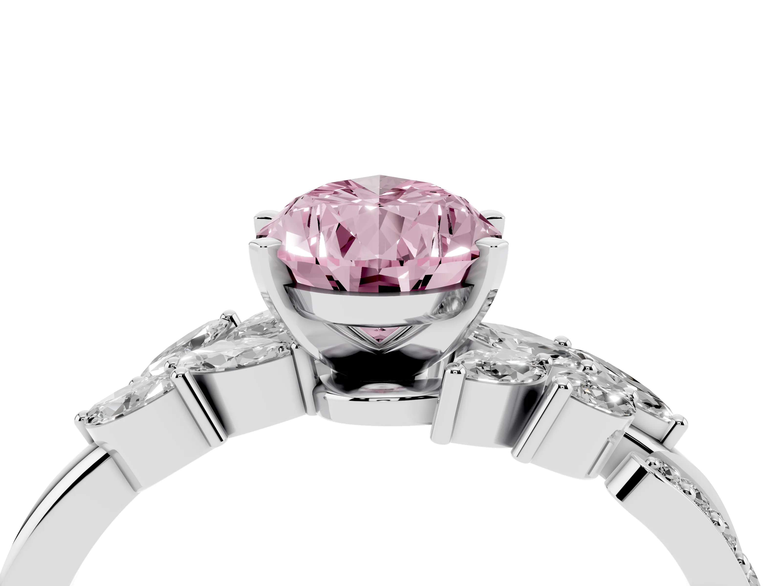 Fancy Pink Pear Cut Diamond Solitaire Ring Set in Platinum with Marquise Twist Band and Prong Setting