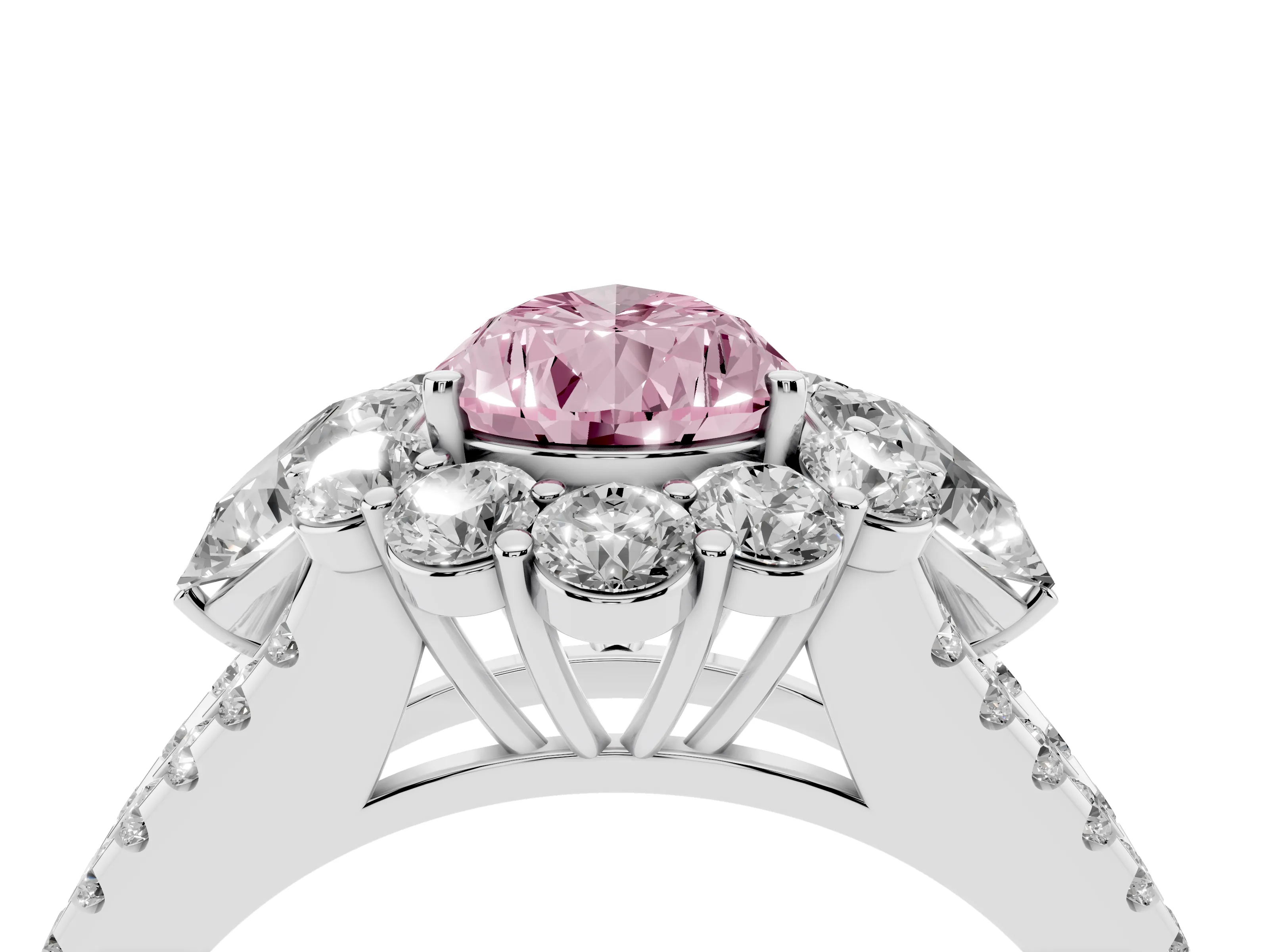 Fancy Pink Pear Cut Diamond Halo Split Shank Engagement Ring Set in Silver with Prong-Held Center Stone